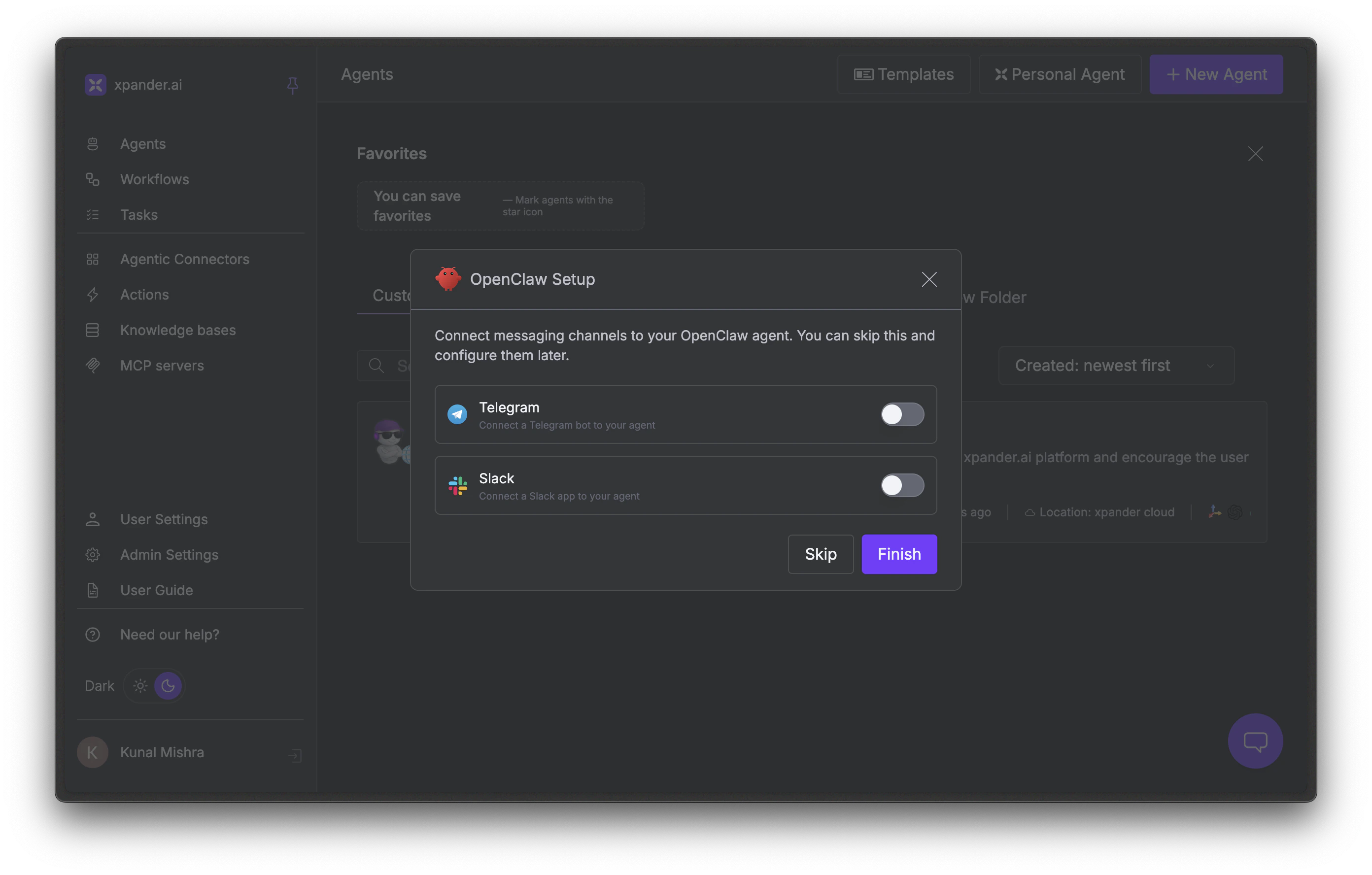 OpenClaw setup modal showing Telegram and Slack connection toggles