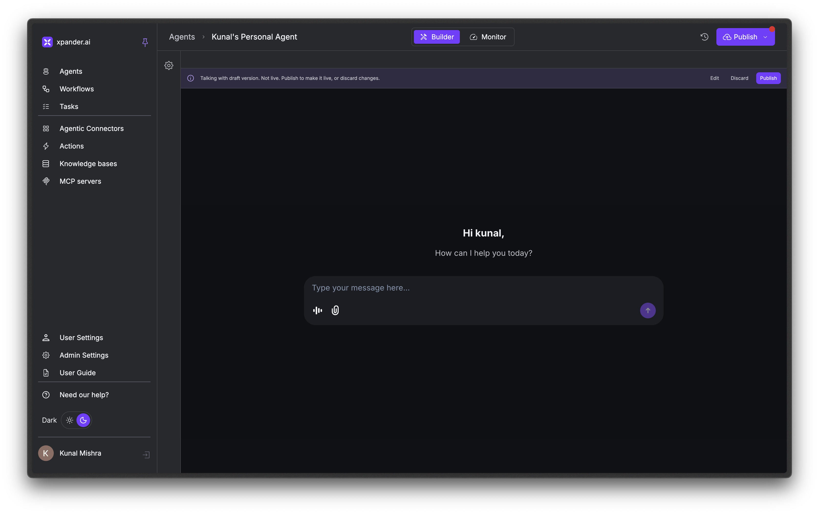 Agent Studio showing Builder view with chat interface and gear icon