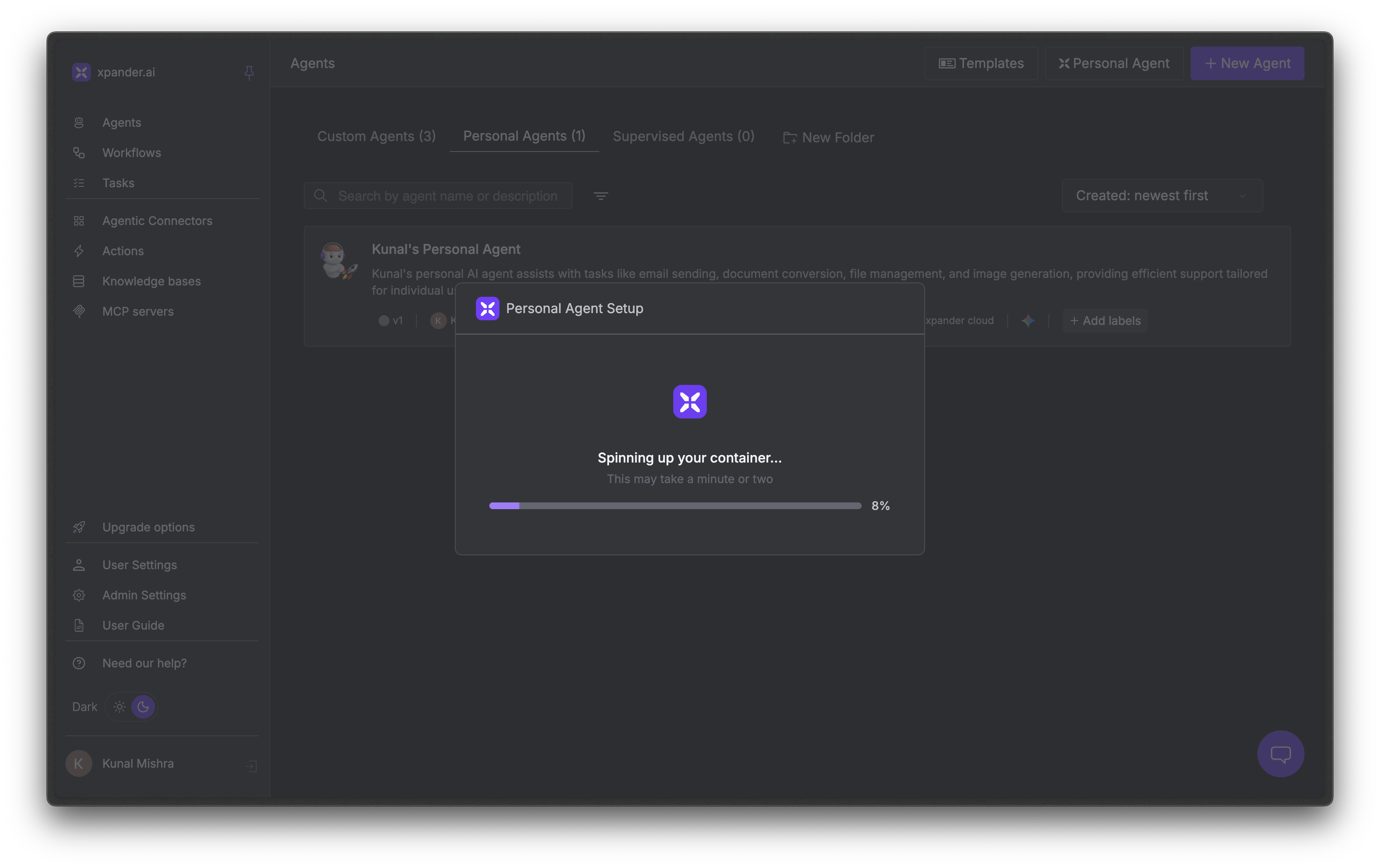 Agent setup modal showing container spinning up
