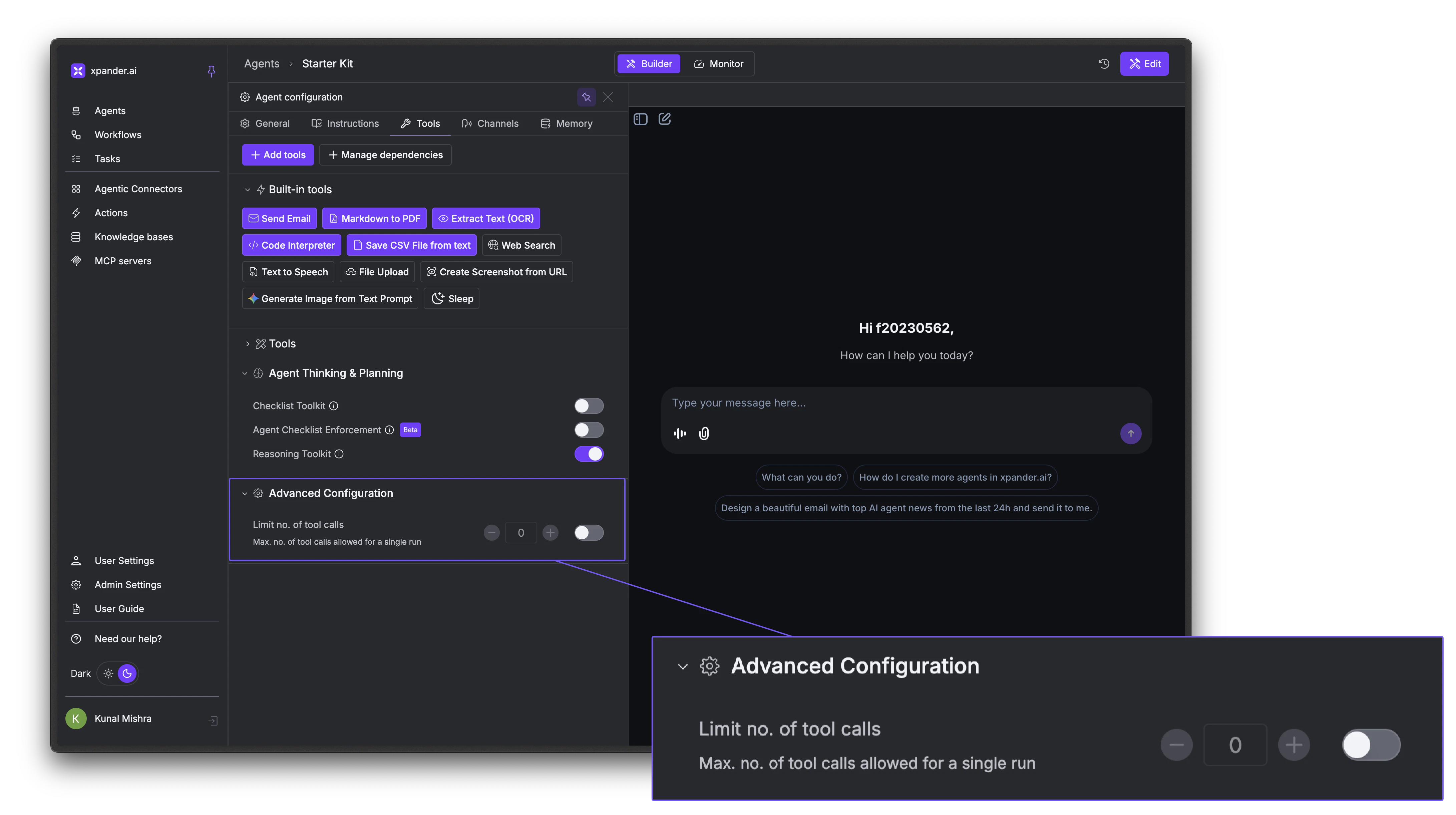 Reasoning Toolkit toggle in the Agent Thinking & Planning section