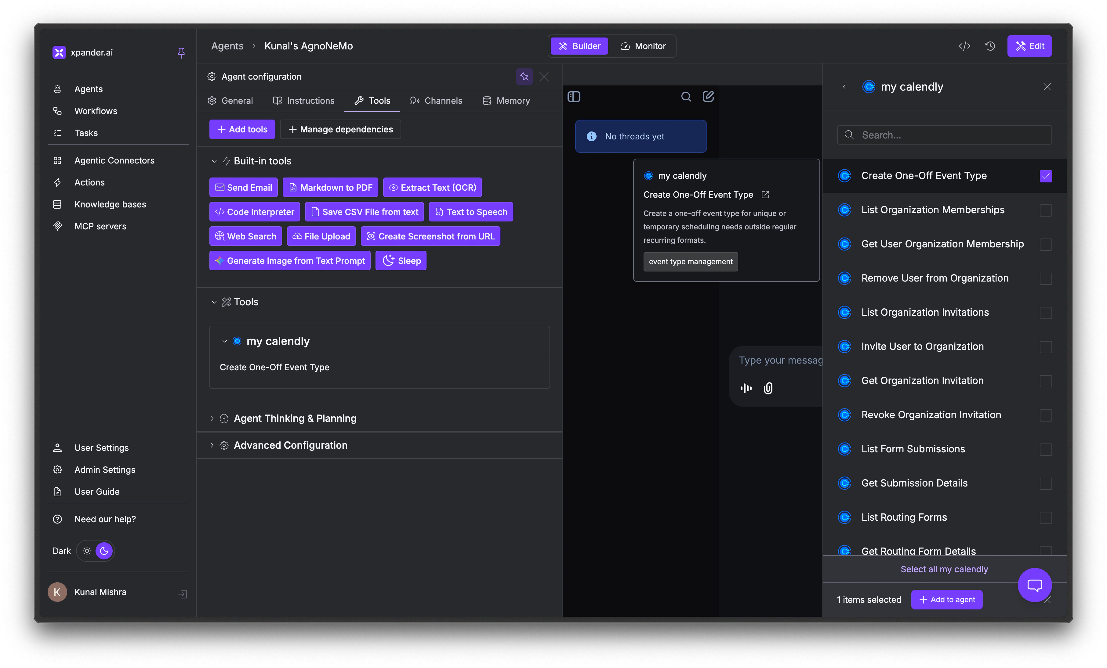 Selecting specific Calendly actions to add to the agent