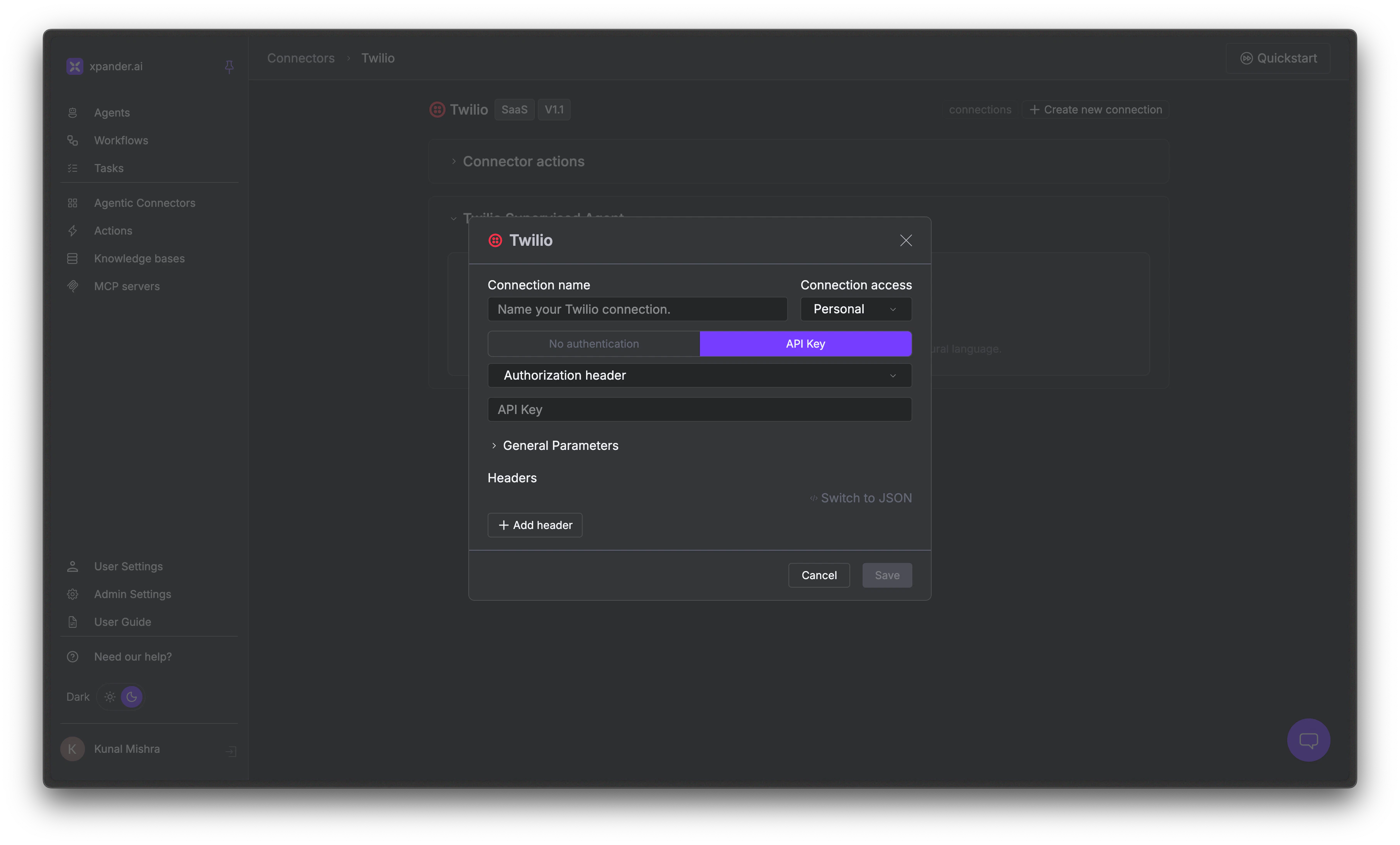 API Key authentication dialog showing auth type and key input fields