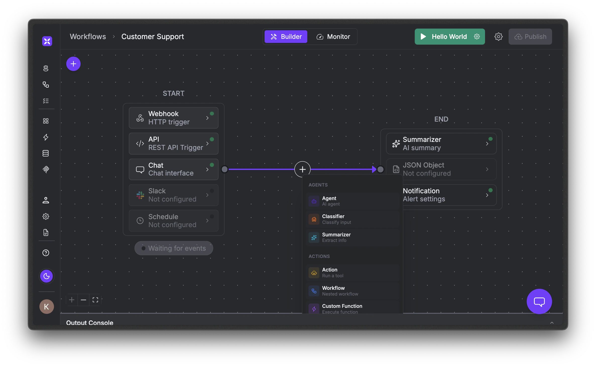 Workflow canvas showing START block, Agent nodes, Action nodes, and END block