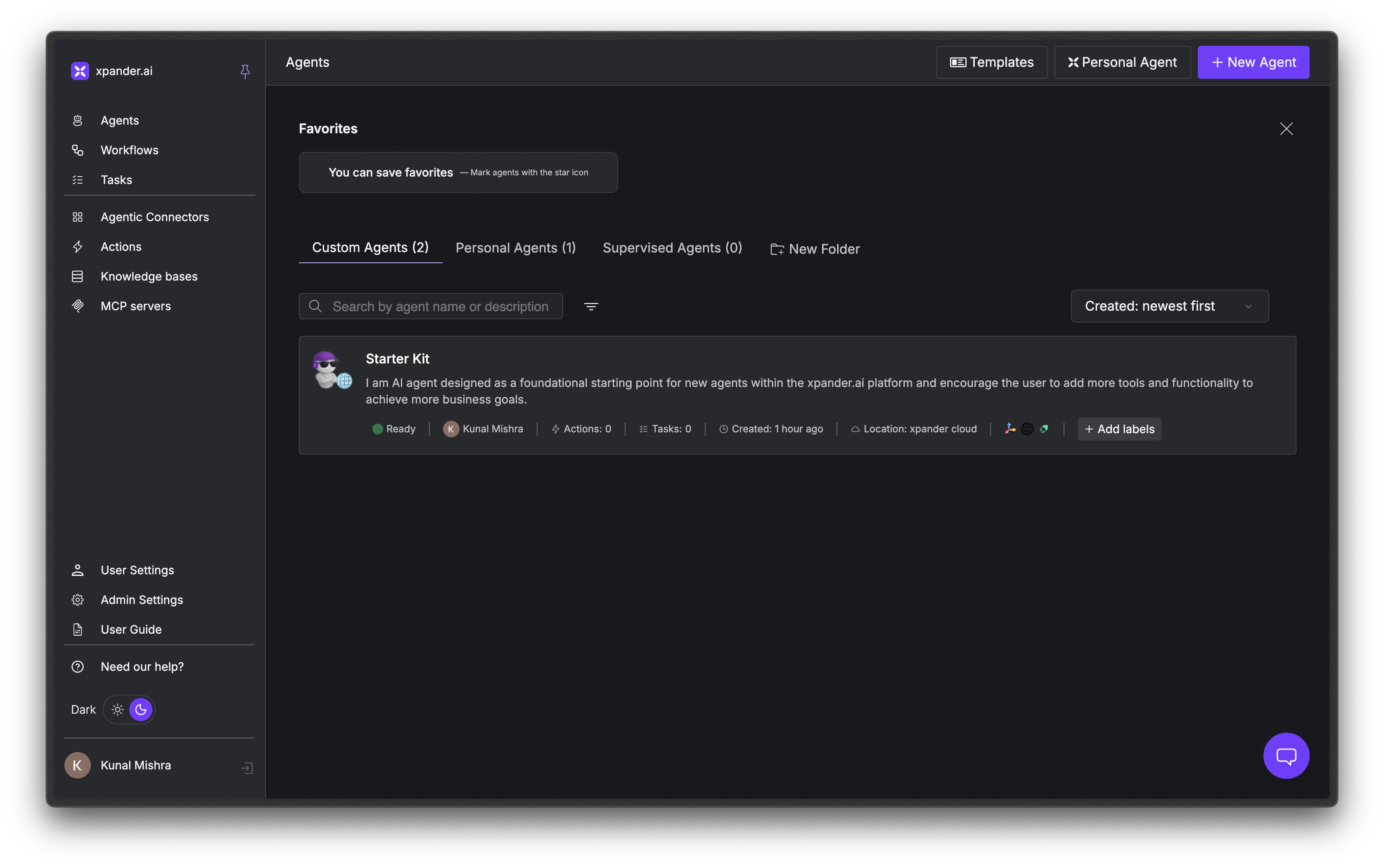 xpander Agents page with the + New Agent button in the top right