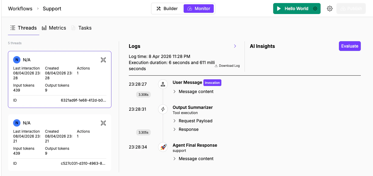 Threads view with log detail