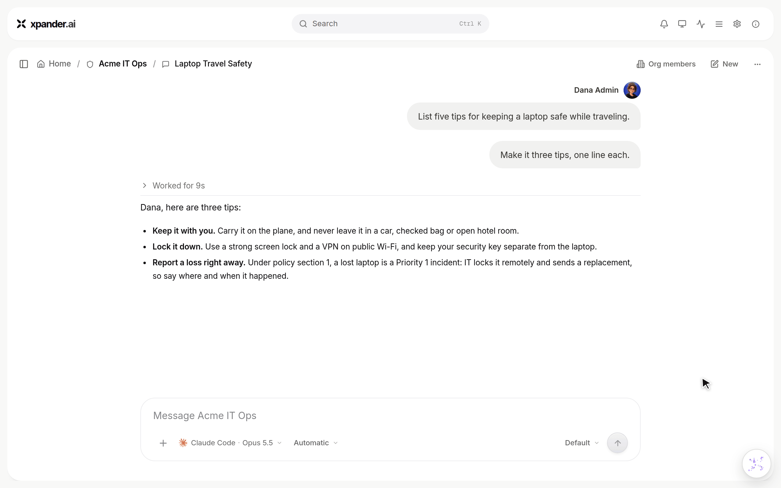Acme IT Ops conversation where the conversation name in the breadcrumb opens a run list, hovering a scheduled run shows its preview, lost is typed in search and Lost And Stolen Devices opens