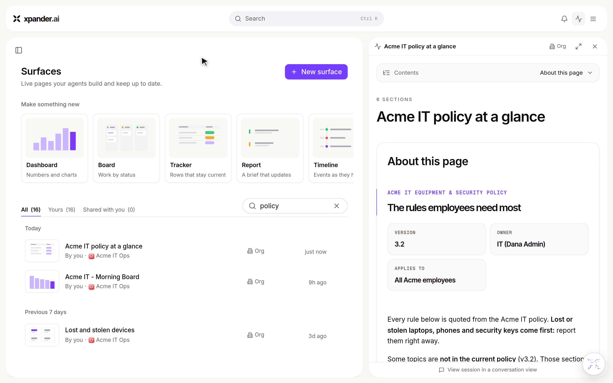 Acme IT policy at a glance surface with its sharing menu open: Visibility Org, Choose groups, Engineering ticked, Save, and the text changes to members of the selected groups can open this link