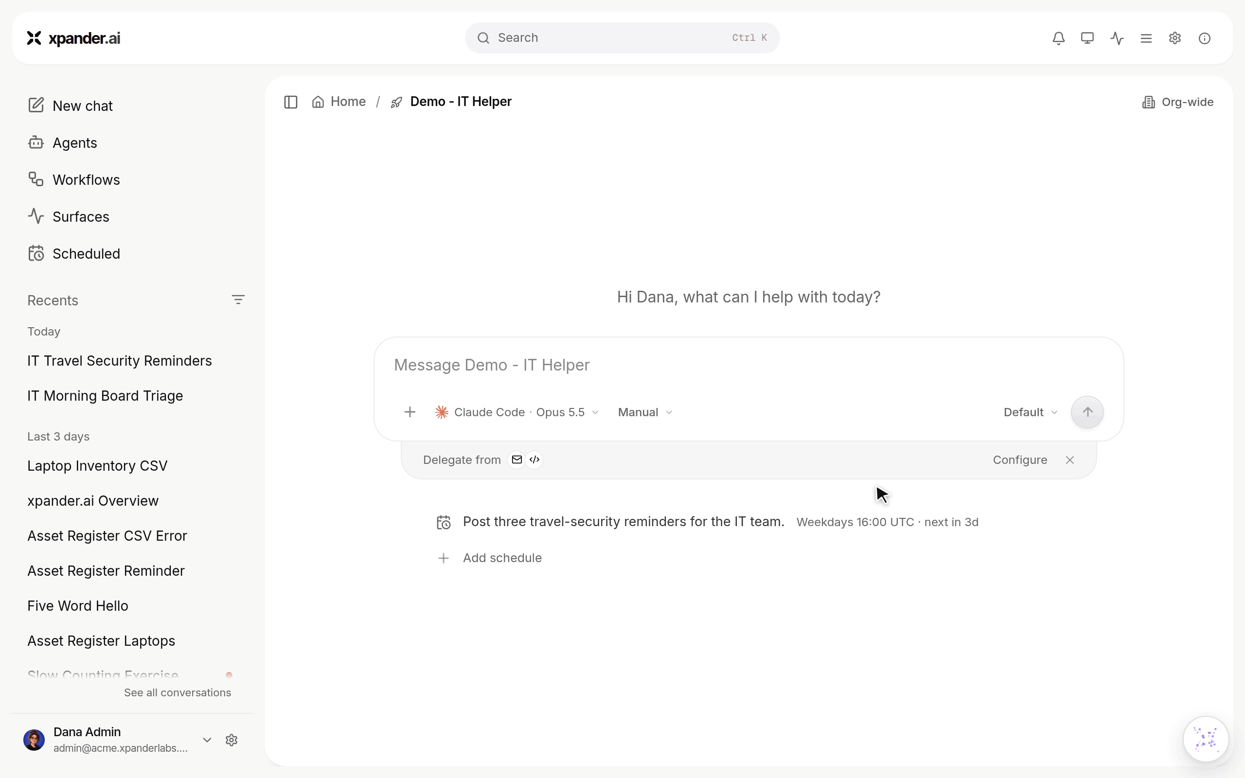 Command palette opened over a chat, data typed, Data Analyst agent highlighted, Enter opens the Data Analyst chat