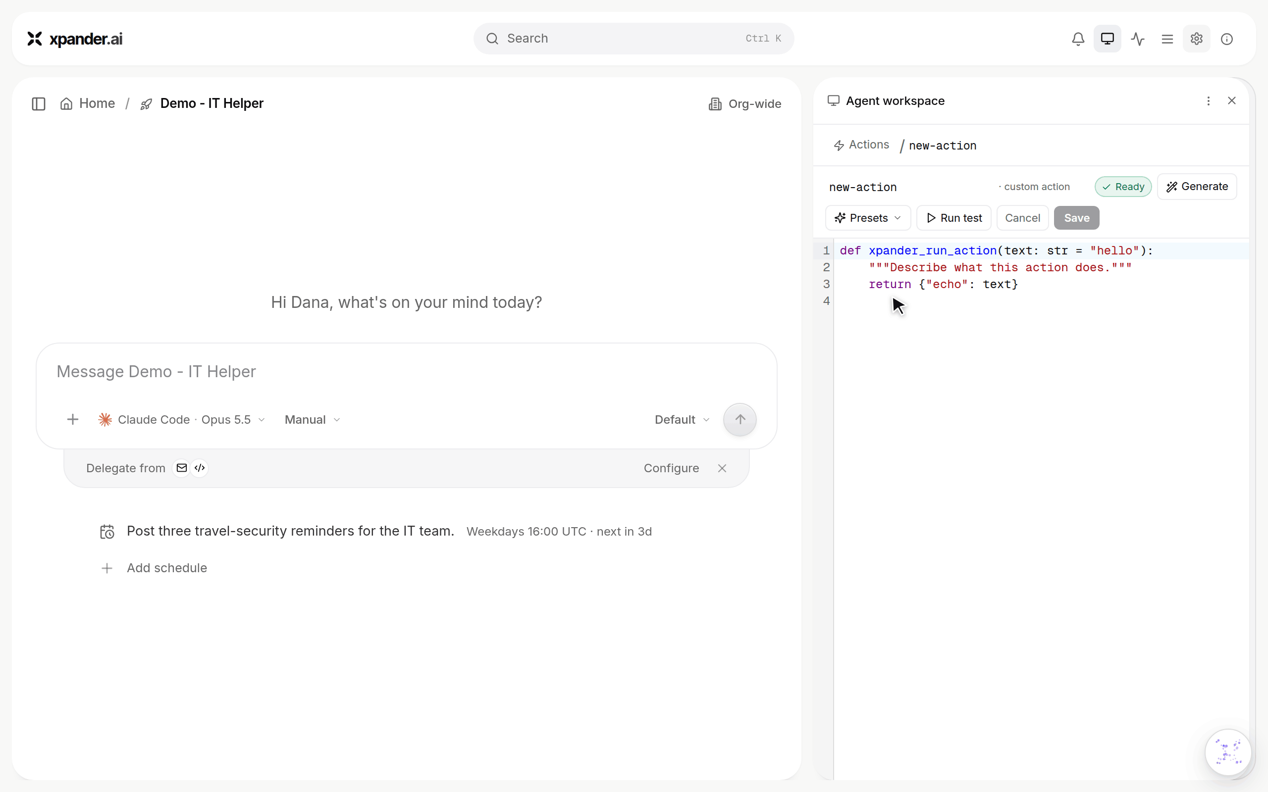 Agent workspace code editor where the action is named demo_current_user, the Current user preset replaces the code, Save analyzes it, and Run test returns Dana's name and email