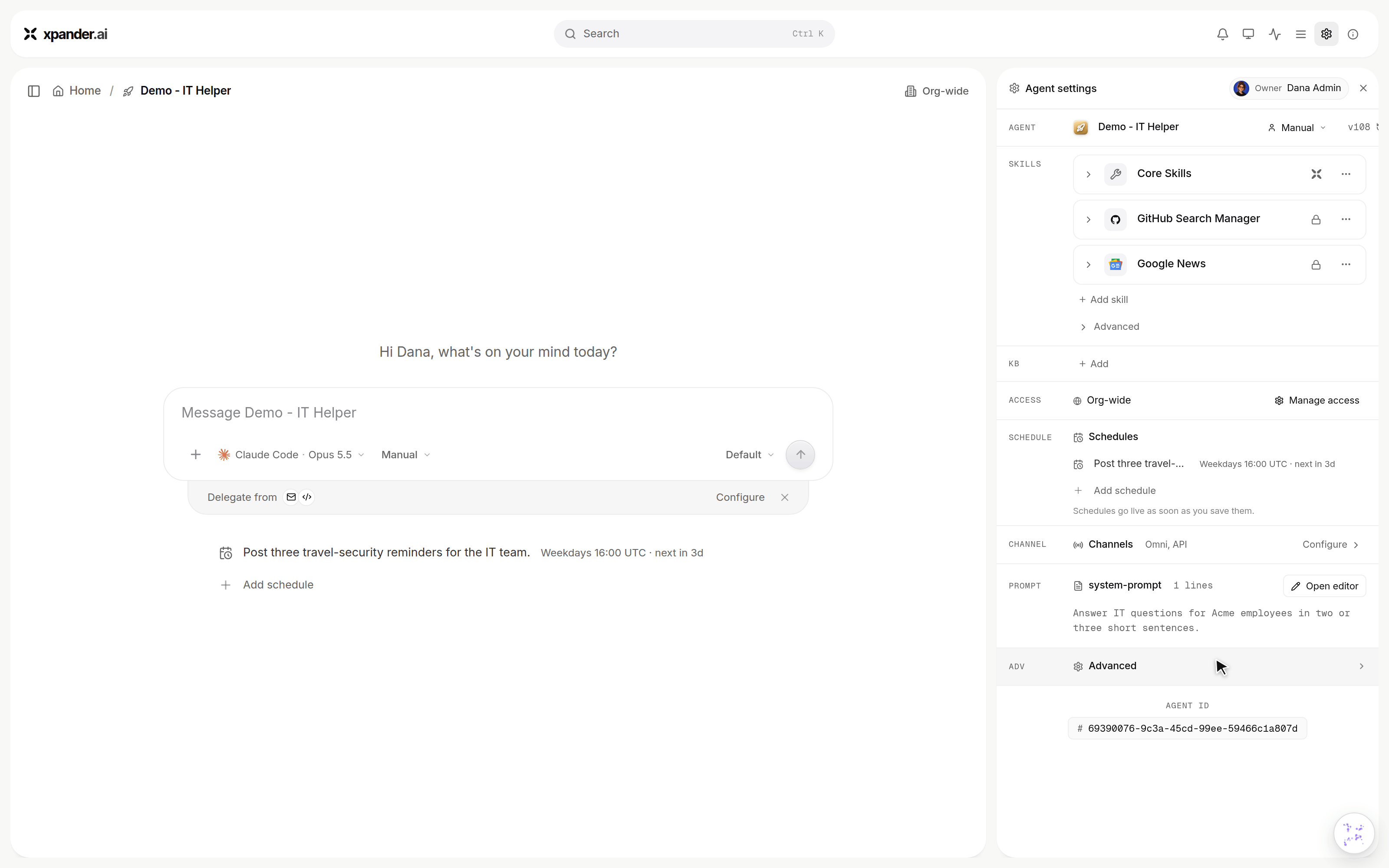 Demo - IT Helper settings with a one-line system prompt; the version button opens Version history, the previous version shows Instructions removed, Publish to live, and the prompt reads No system prompt set