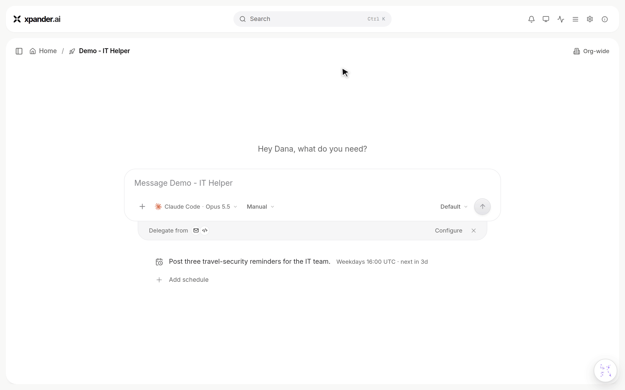 Delegate from Configure opens the Channels panel, Who can send tasks is switched from Any agent to Selected agents and Acme IT Ops is picked