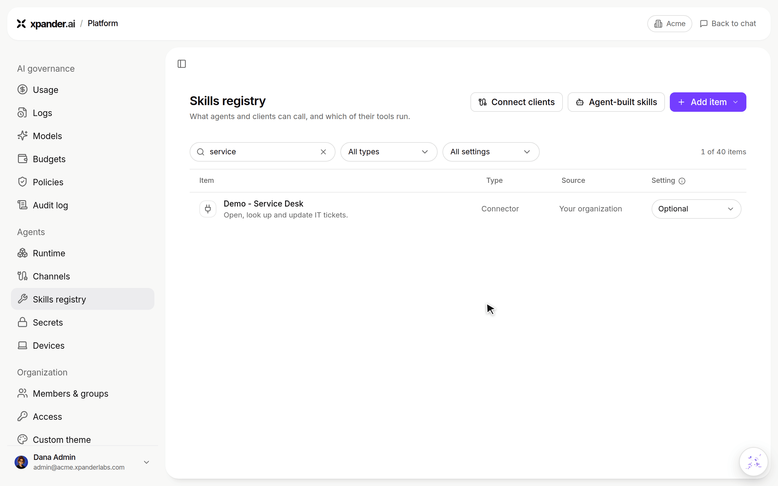 Skills registry filtered to service, Demo - Service Desk opened, Specific teams and people, Engineering picked and Save audience shows Saved who can use Demo - Service Desk