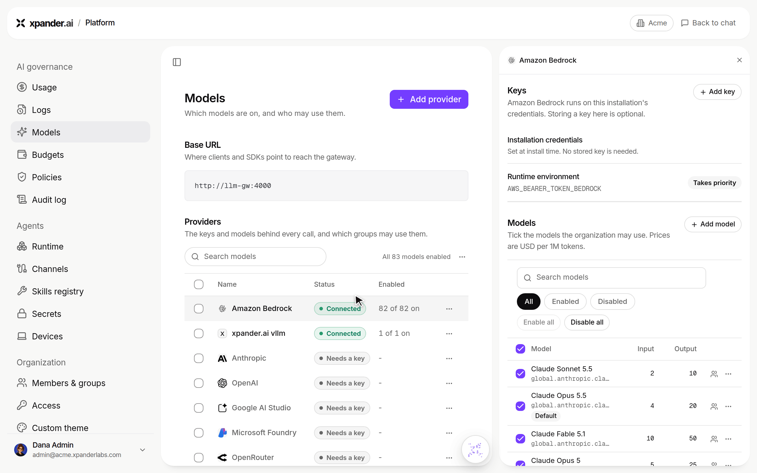 Models page with Amazon Bedrock models, the people icon on Claude Fable 5.1 opens its access card and Design is unticked, showing No access and 1 group limited