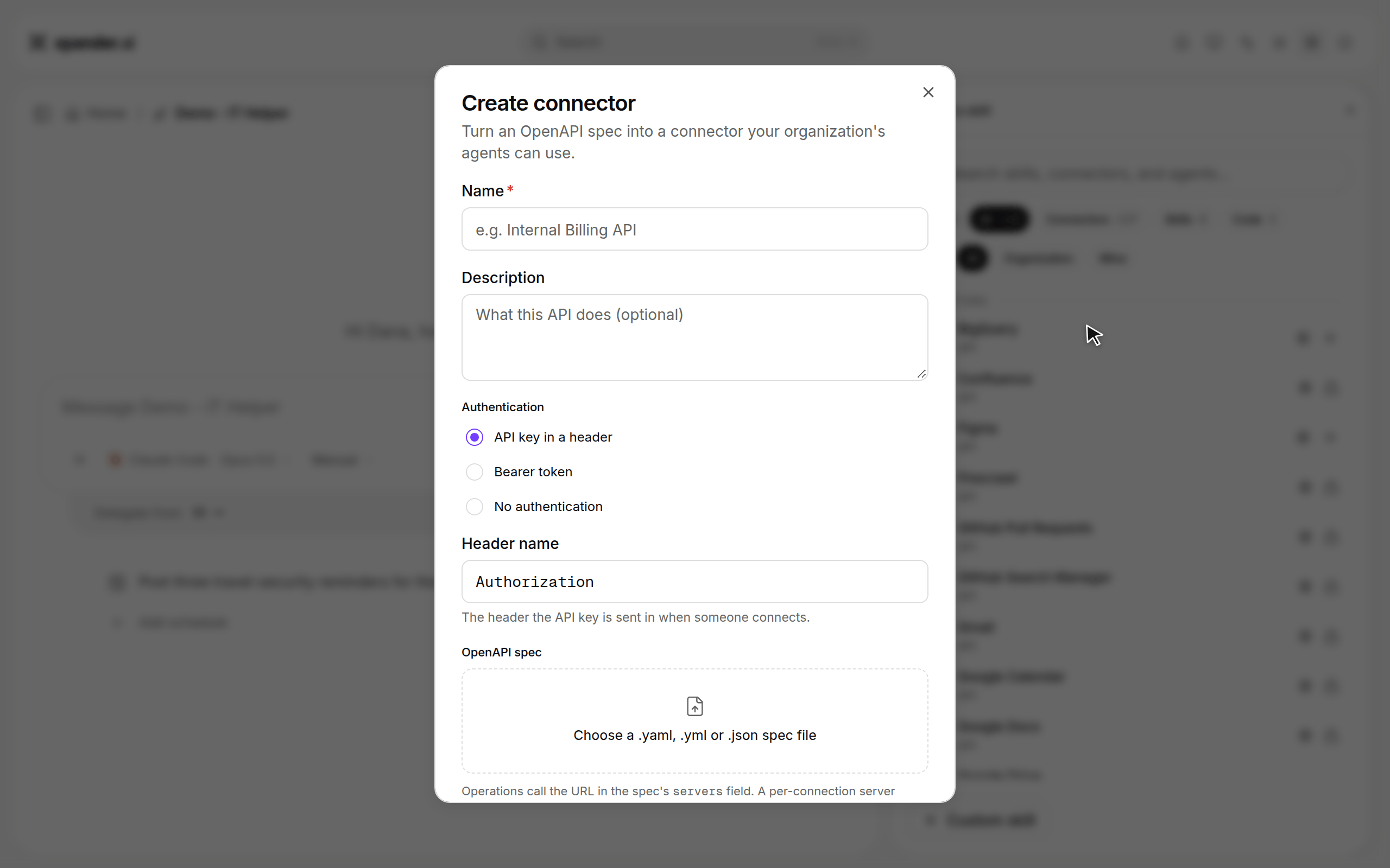 Create connector dialog where the name Demo - Asset Register and a description are typed, asset-register.yaml is attached, then the progress steps finish with Demo - Asset Register is ready with 4 operations