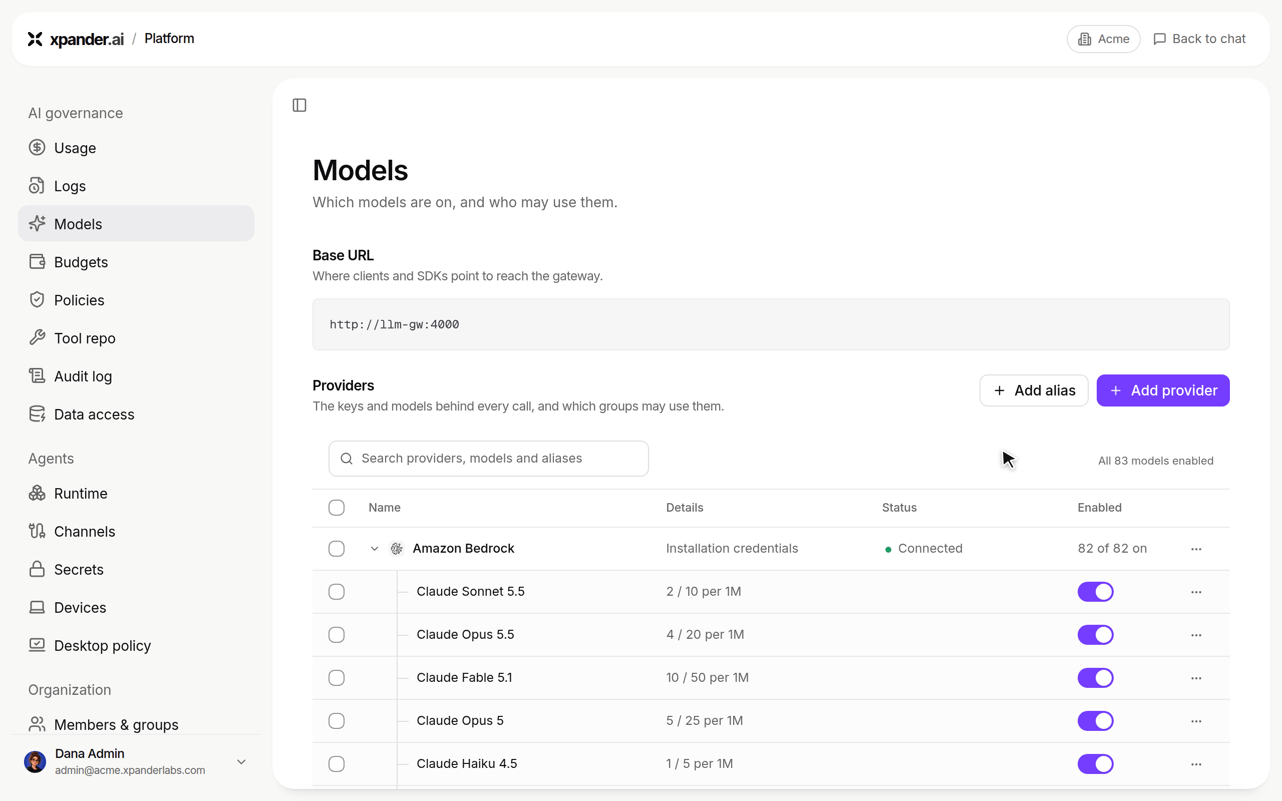 Models page where the Claude Opus 5.5 row menu opens Test model, a message is sent and Claude Opus 5.5 replies Ready with its latency and token counts