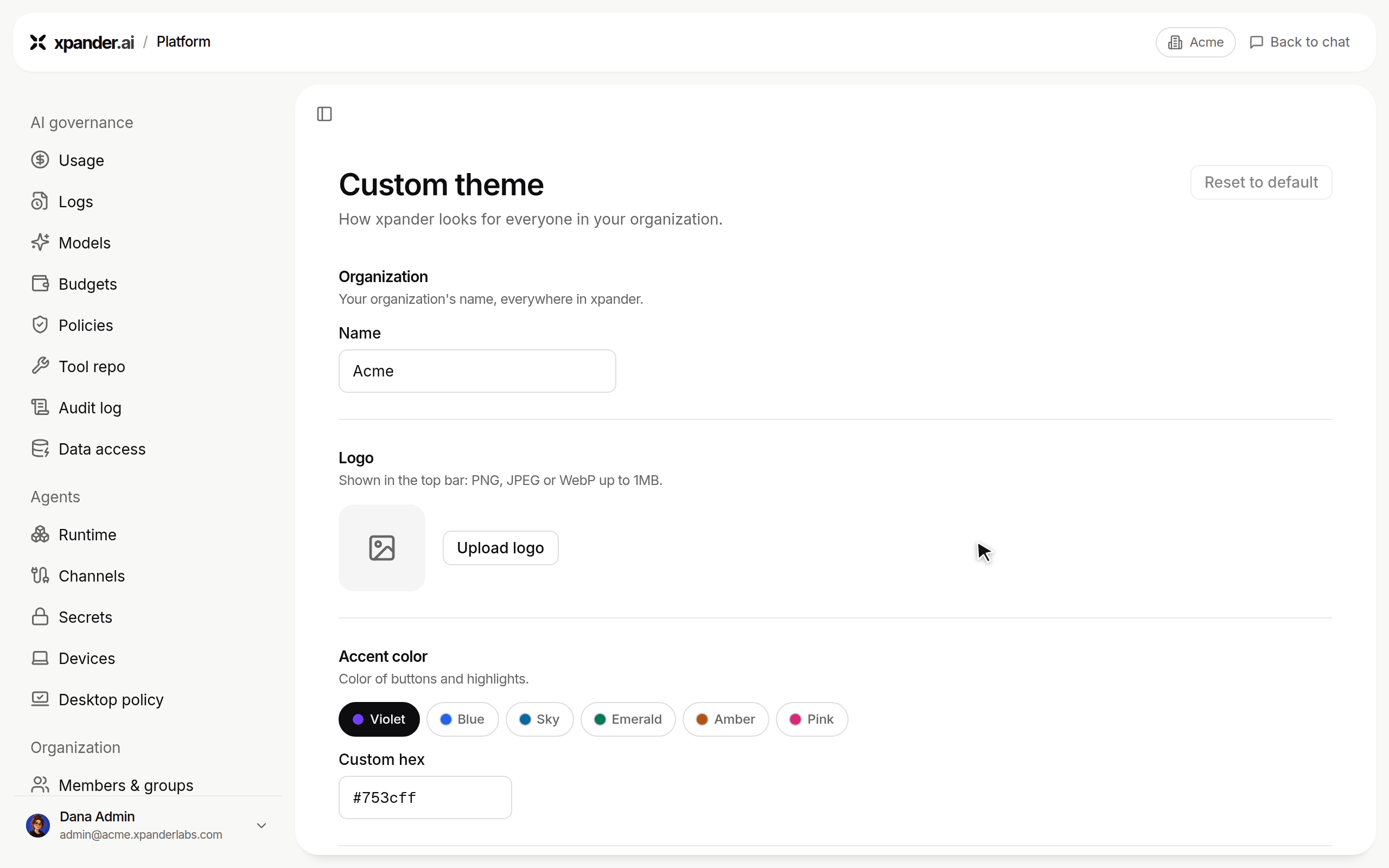 Custom theme page where Emerald and then Pink are chosen as the accent color, then the page scrolls to the Custom CSS code editor and CSS is typed in
