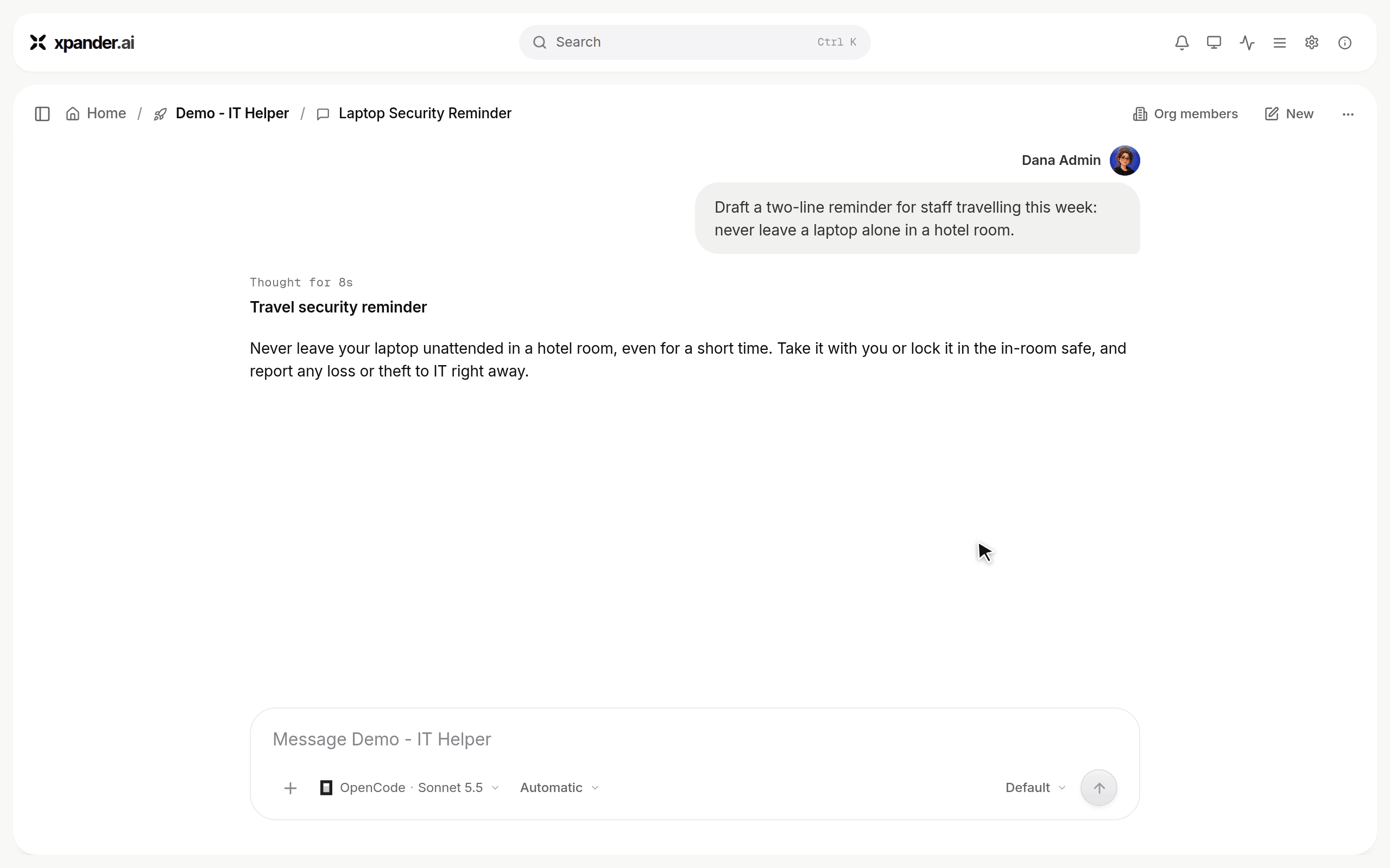 A conversation on OpenCode where the harness picker is filtered to Opus and switched to Claude Code, Opus 5.5; the next message is answered using the earlier reply, under a Continued on Claude Code divider