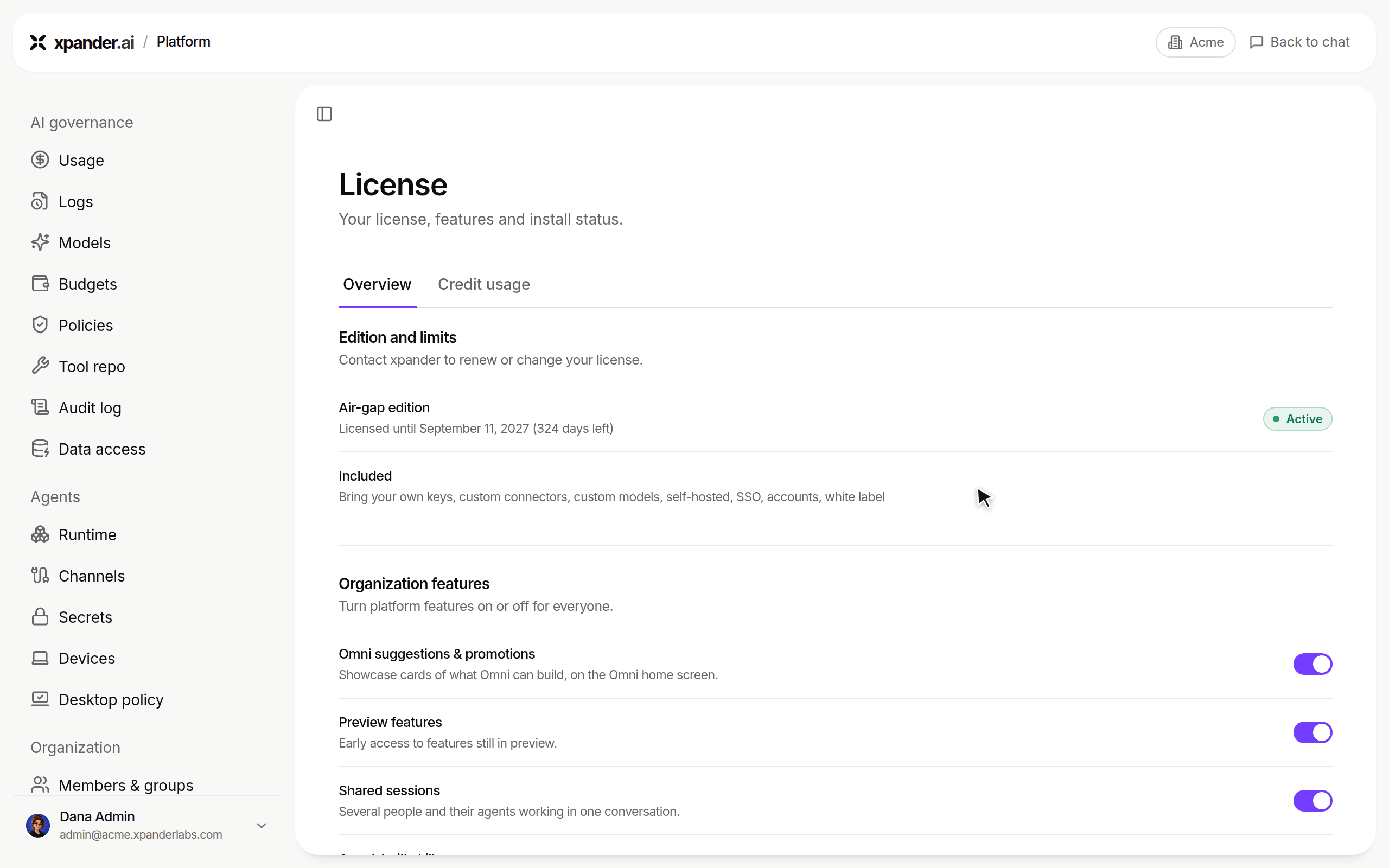 License page showing Air-gap edition licensed until September 11, 2027, then Omni suggestions and promotions is switched off and on under Organization features, with a confirmation each time