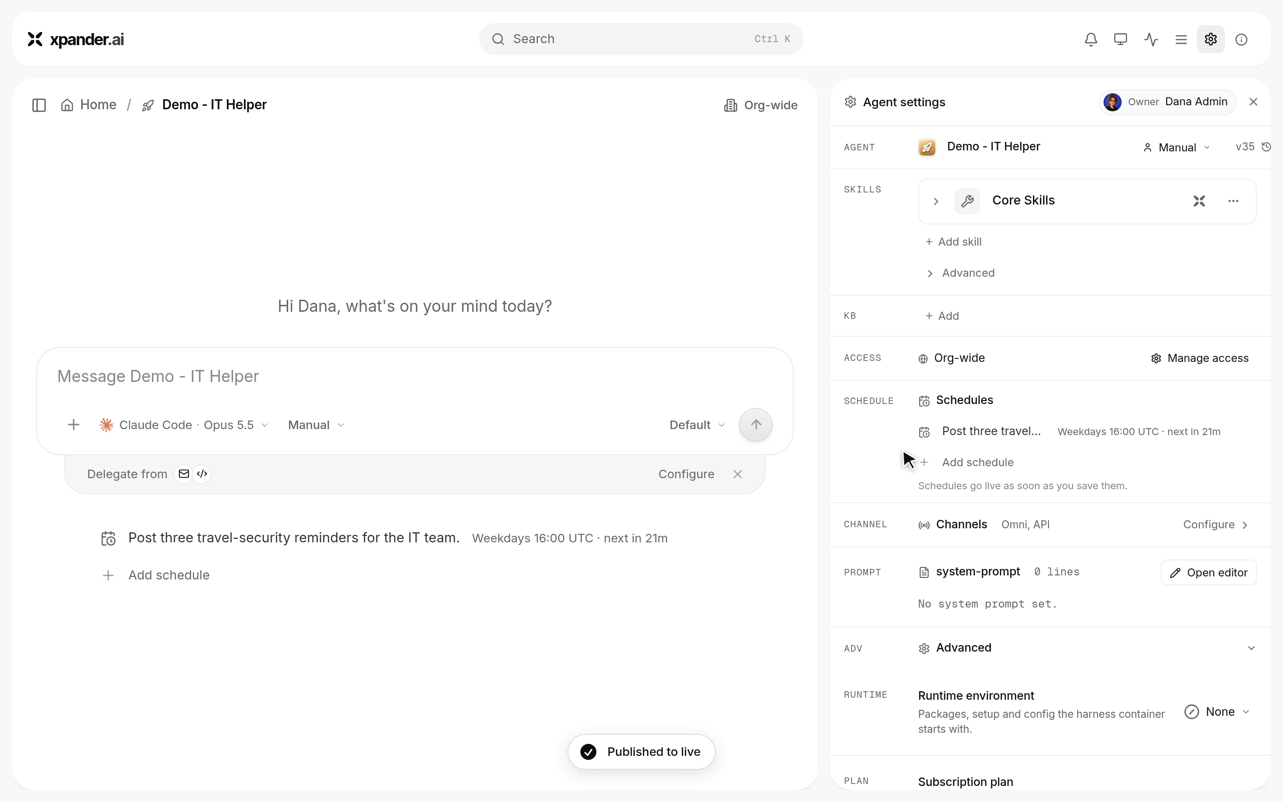 Agent settings where Runtime environment is changed from None to Payments team, then asking who is on call for payments returns Priya Shah and Marco Rossi from the environment's context