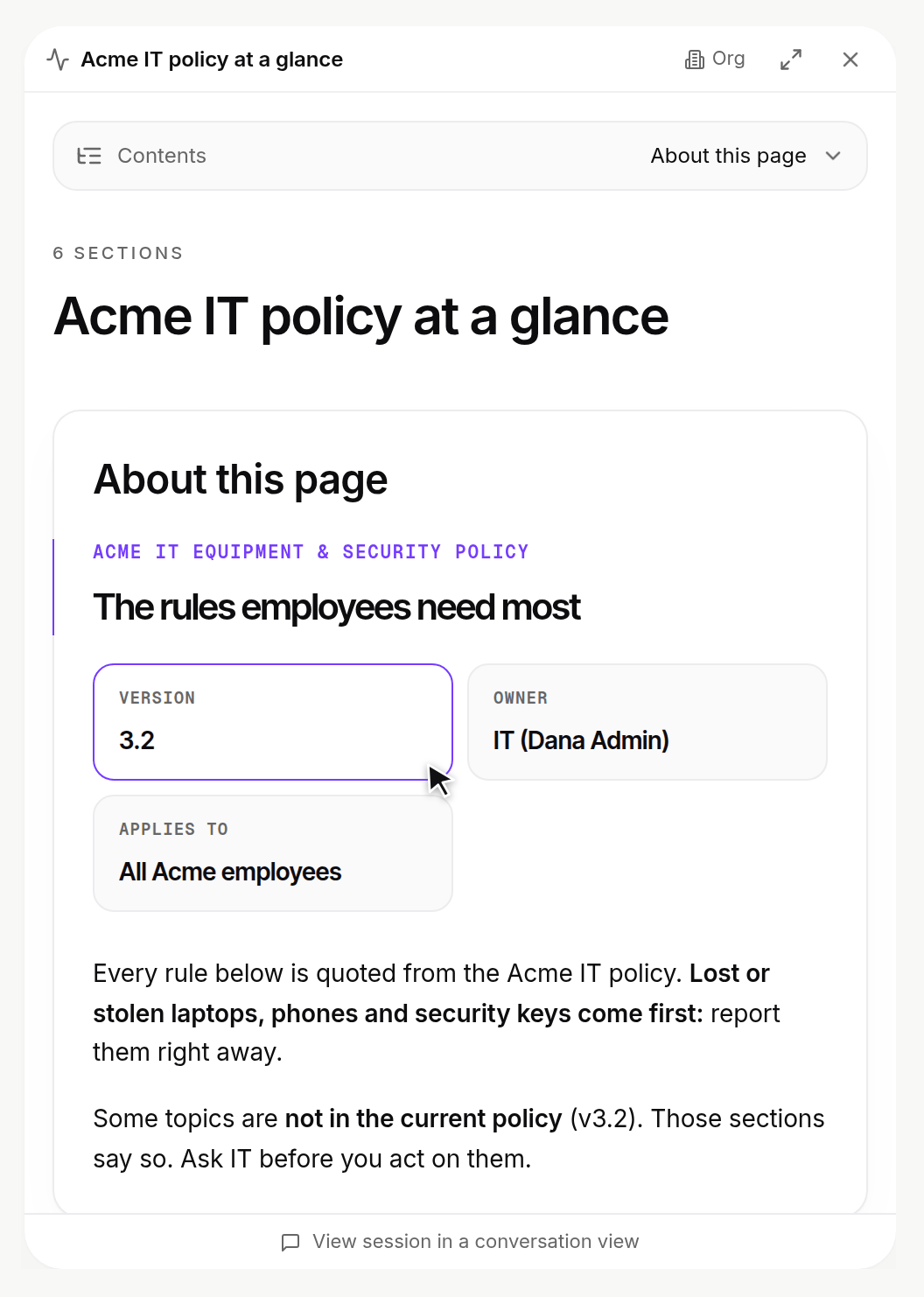 A surface named Acme IT policy at a glance where the Contents menu jumps to Reporting a lost device and then Passwords and MFA, each with a callout