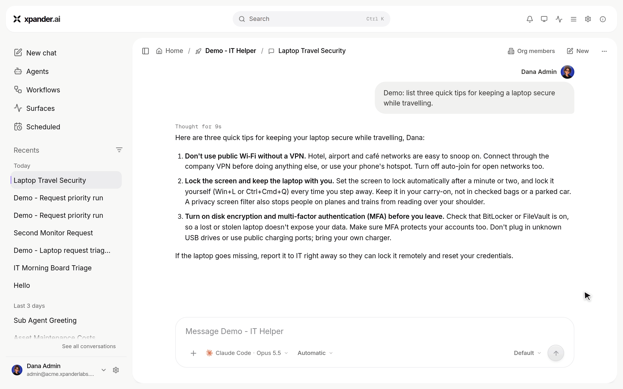Archive is confirmed, the conversation leaves the sidebar list and shows an Archived bar with a locked message box, then Restore brings it back