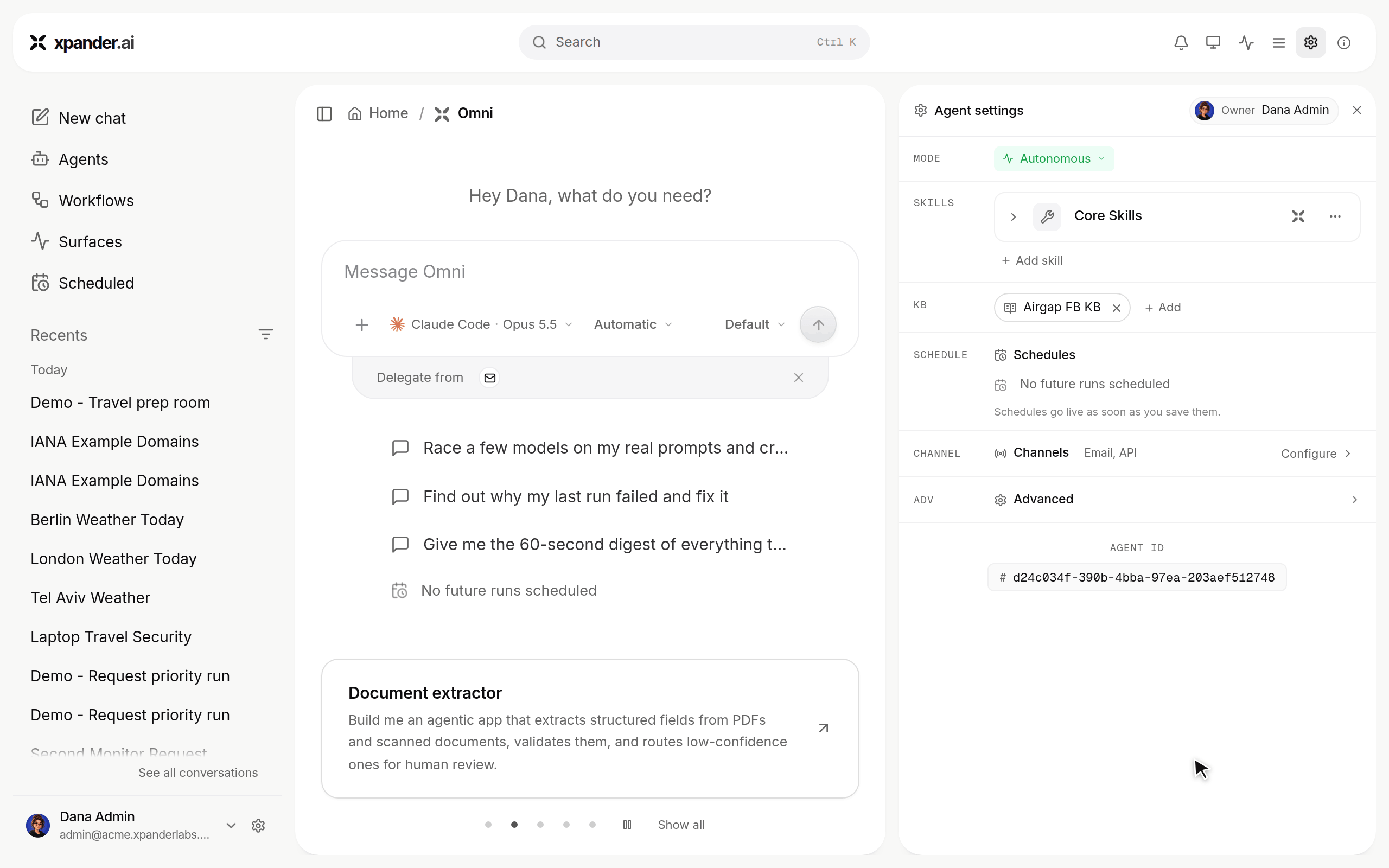 Omni's chat with Agent settings opening, Core Skills expanding to show its built-in and optional skills, then Schedules and Channels