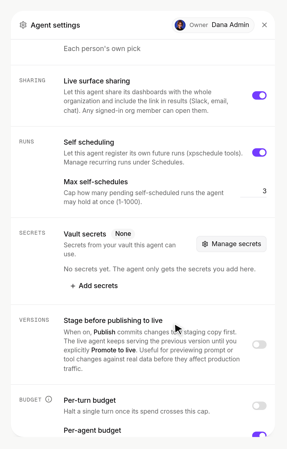 Vault secrets with no secrets, Add secrets lists vault secrets, DEMO_STATUSPAGE_TOKEN is added, and the agent shows 1 secret with Always, Ask for approval or None access