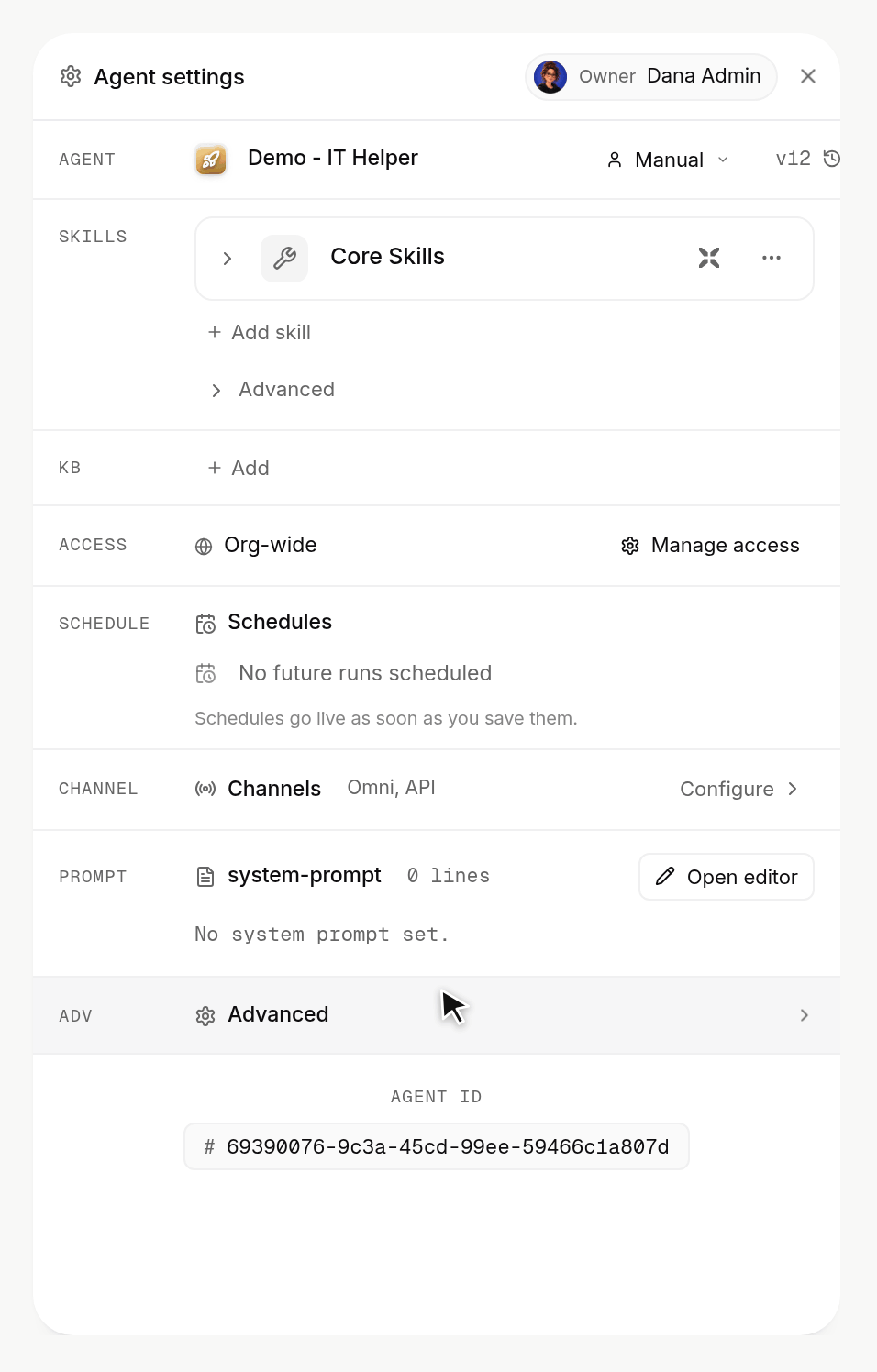Agent settings scrolled to Budget, Per-agent budget switched on, the monthly limit set to 2000 credits with Warn at 80 percent and Stop at 100 percent