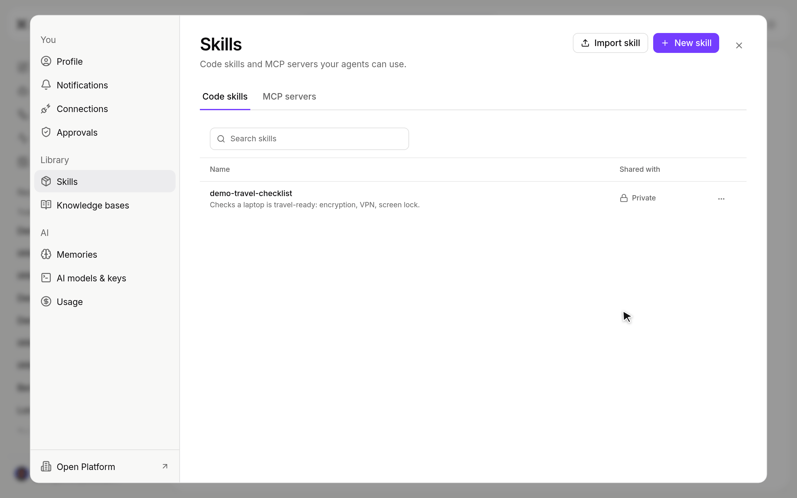 Skill card showing Shared with Private, then People is chosen, the Engineering group is picked and saved, and the skills list shows it shared with a group