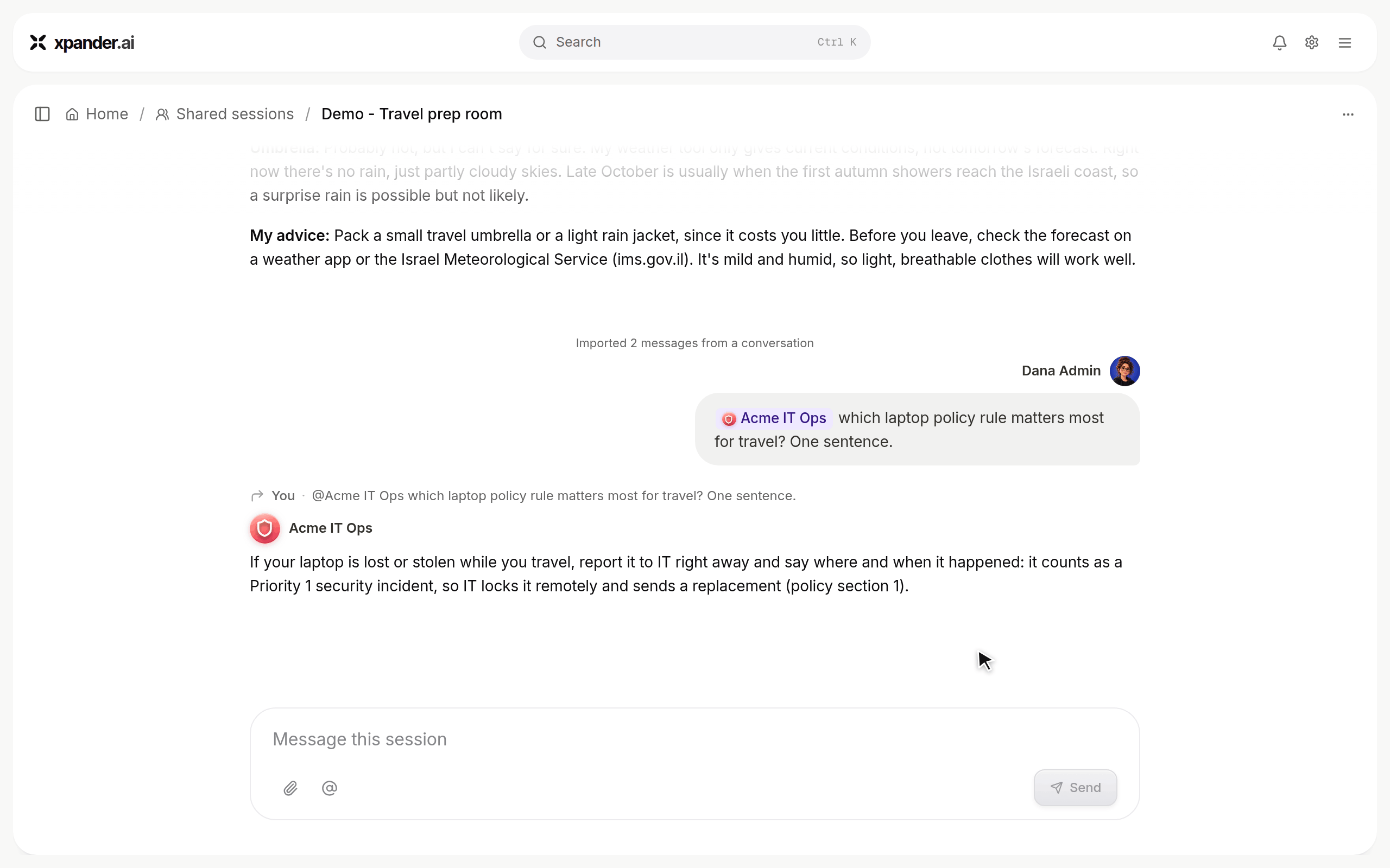 Acme IT Ops is mentioned in a shared session and answers, then Session Manager opens with Done, 2 turns, tokens, cost and duration above the list of turns