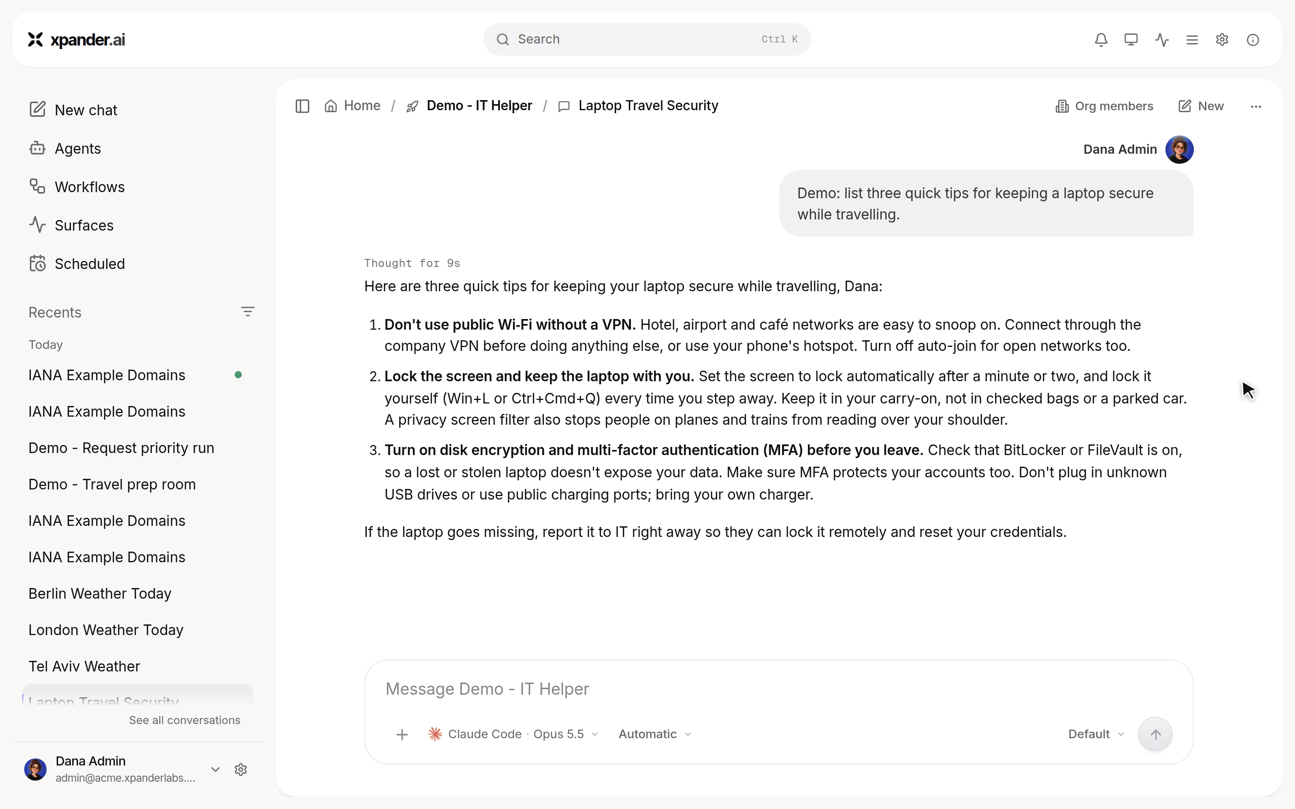 Move to a shared session dialog where the session is named Demo - Travel readiness room, Bob Martinez and Acme IT Ops are invited, then the new shared session opens with the imported messages