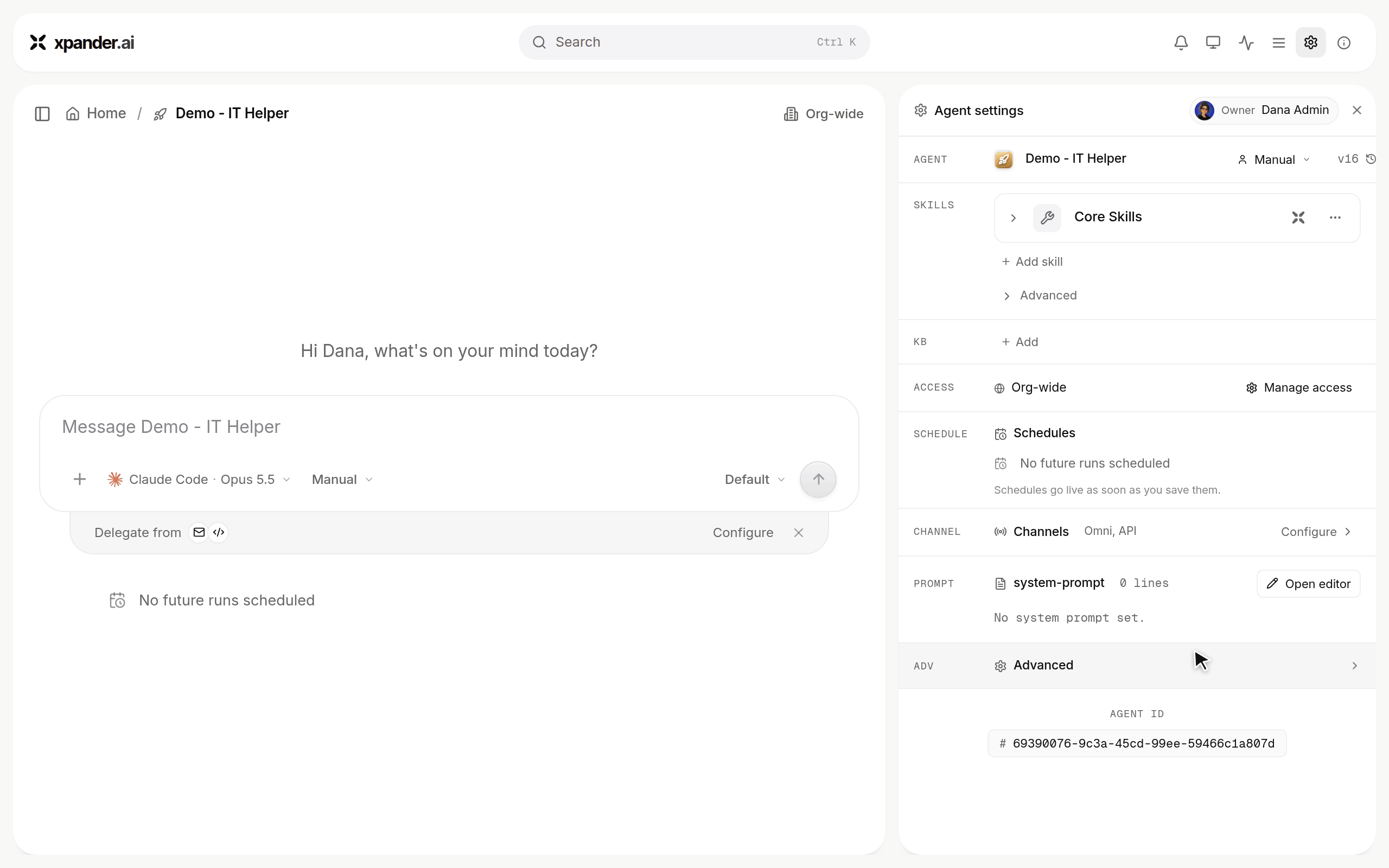 New schedule card where a plain-language task is typed, Generate turns it into Weekdays 09:00 with its instructions, and after Add the schedule shows in Agent settings and in the chat
