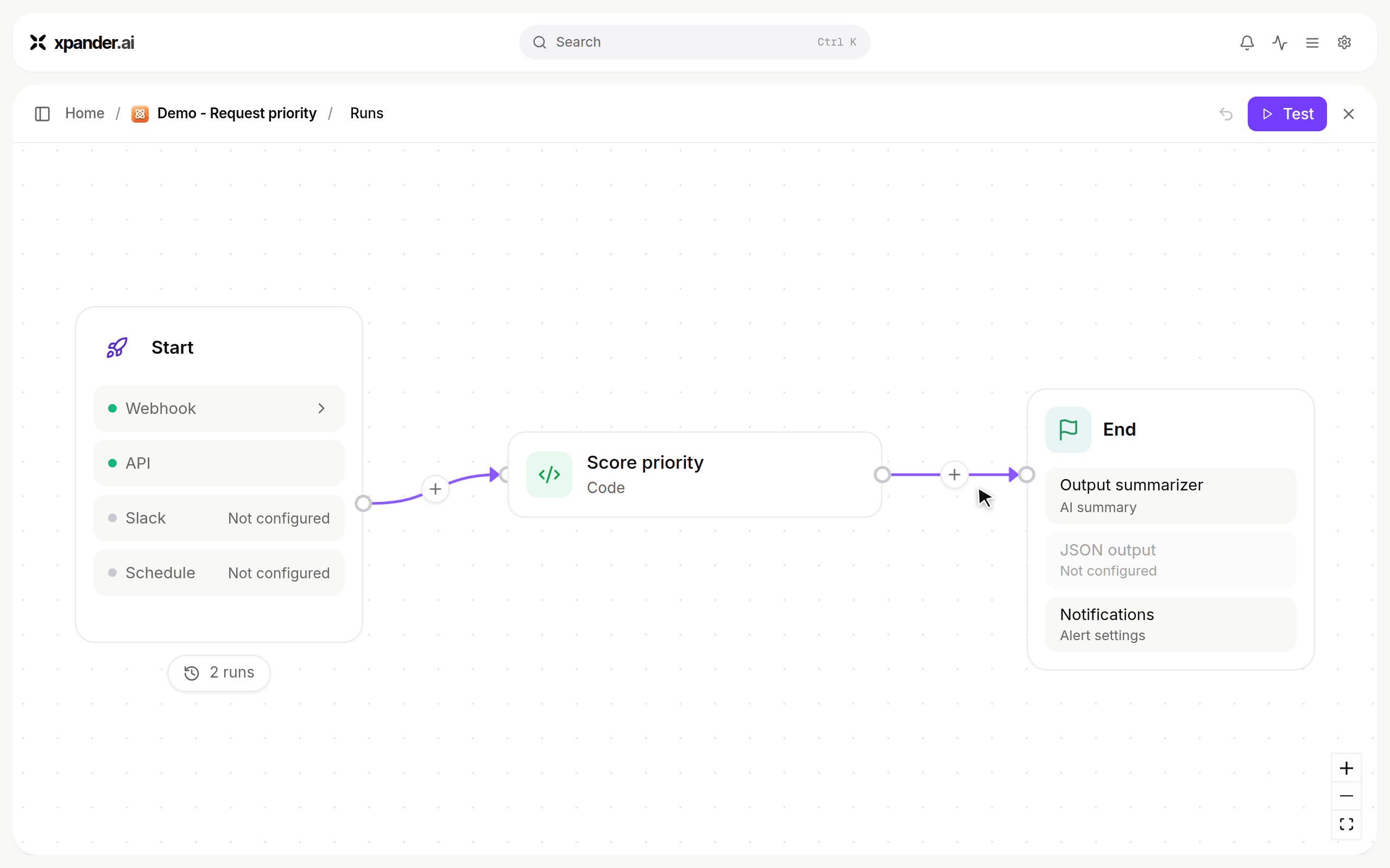 Workflow canvas with Start, a Score priority code step and End; Test opens, a request about a stolen security key is typed, Run, then the run card shows Done with a P1 result