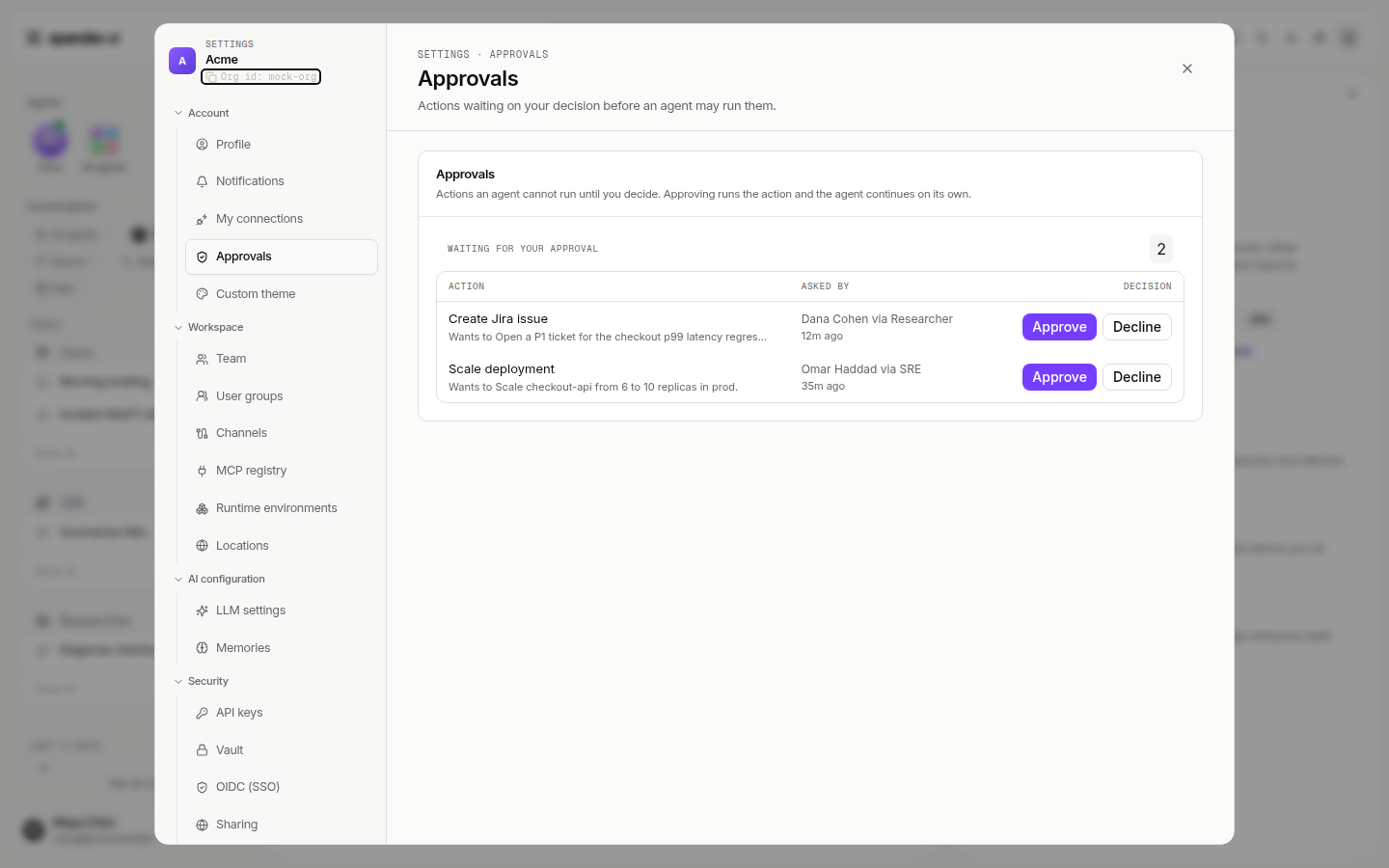 Approvals settings tab listing actions waiting for approval with Approve and Decline buttons