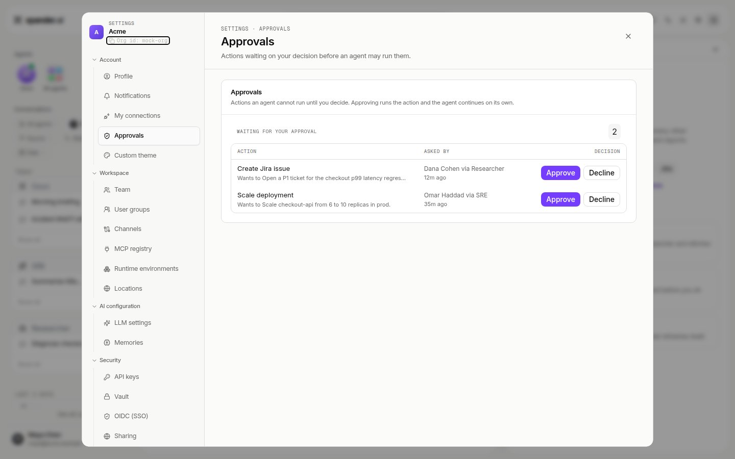 Approvals settings tab listing actions waiting for approval with Approve and Decline buttons