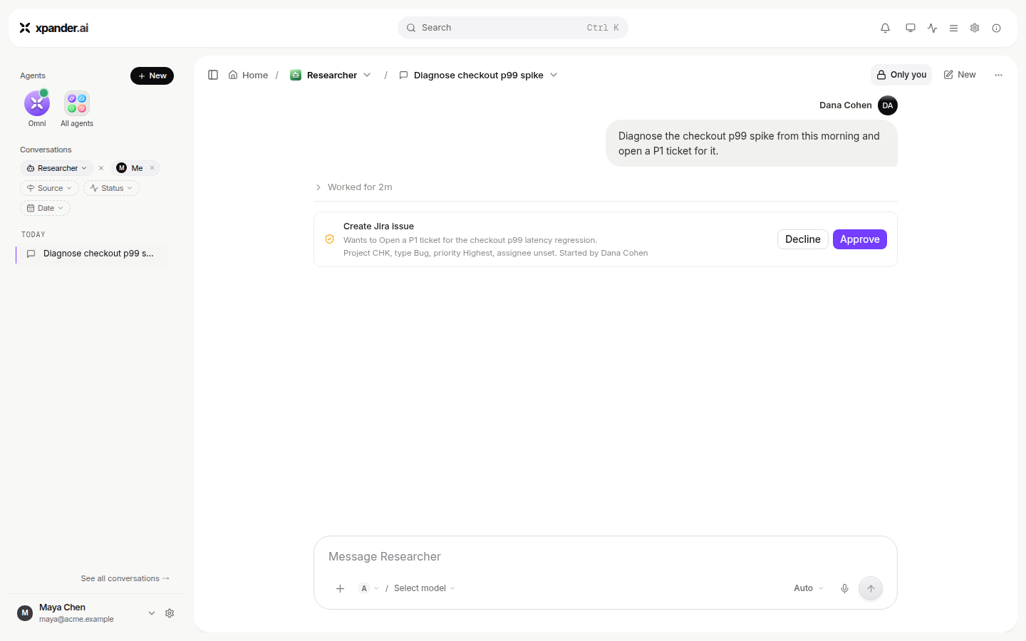 Conversation with an approval card: Create Jira Issue, Wants to open a P1 ticket, buttons Decline and Approve