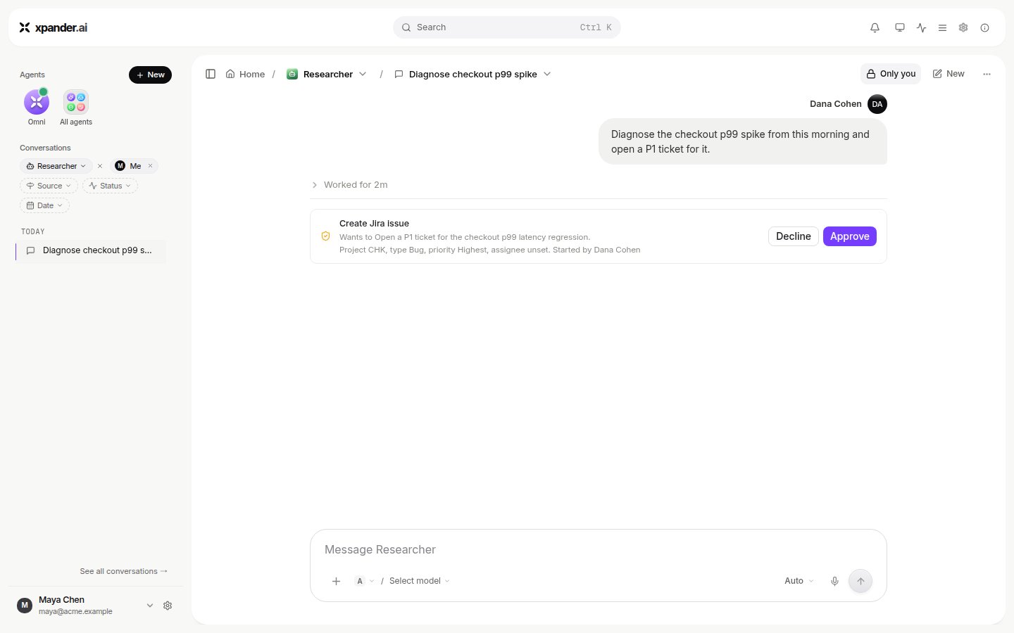 Conversation with an approval card: Create Jira Issue, Wants to open a P1 ticket, buttons Decline and Approve