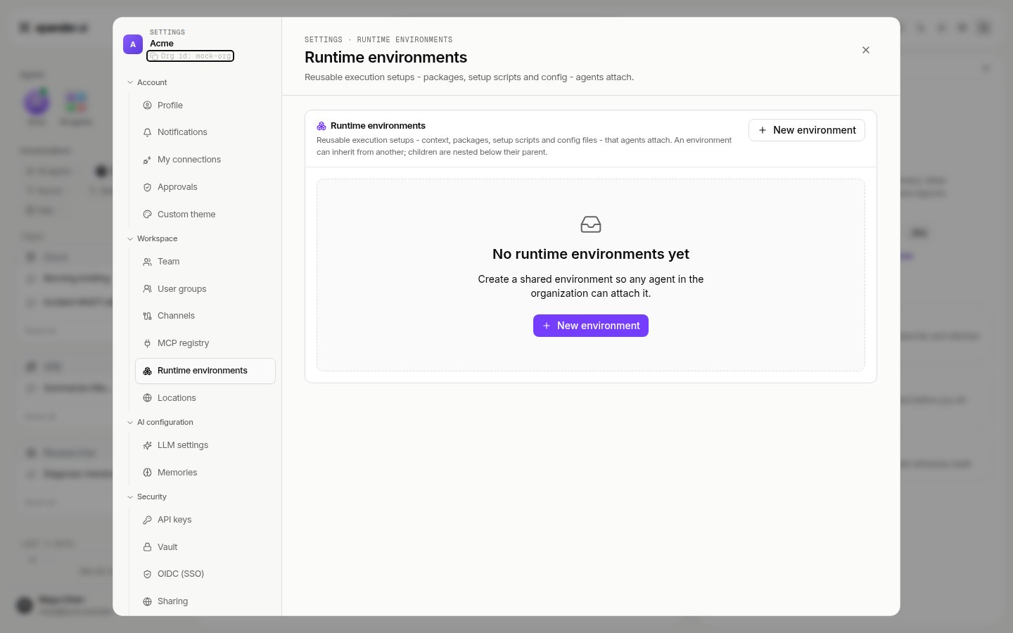 Runtime environments tab in Settings