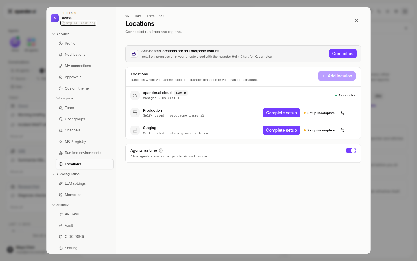 Locations tab in Settings
