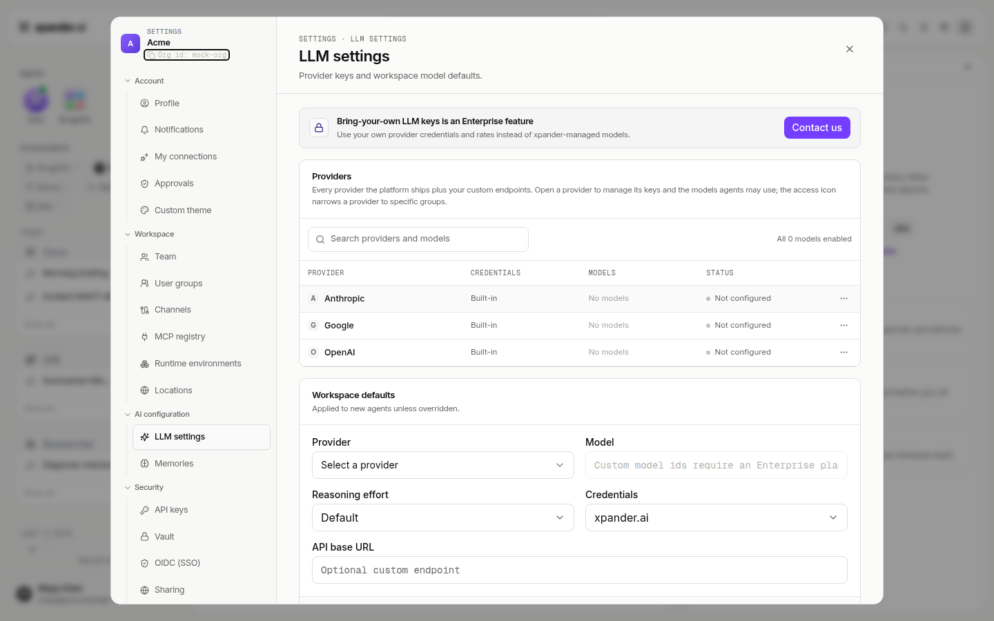 LLM settings tab with a providers table and workspace defaults