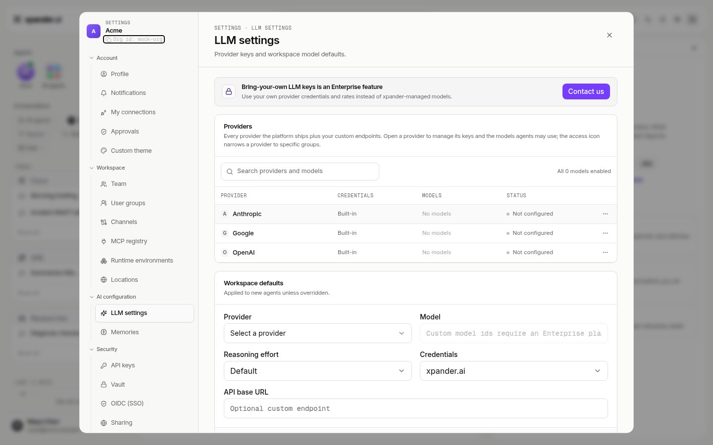 LLM settings tab with a providers table and workspace defaults