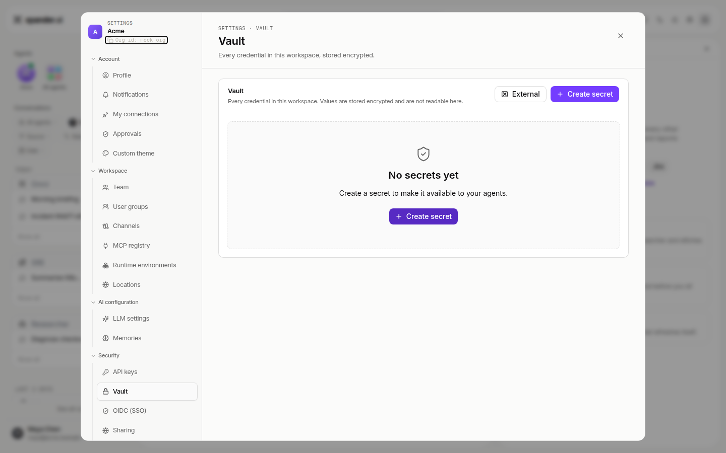 Vault settings tab, empty state with Create secret and external vault options