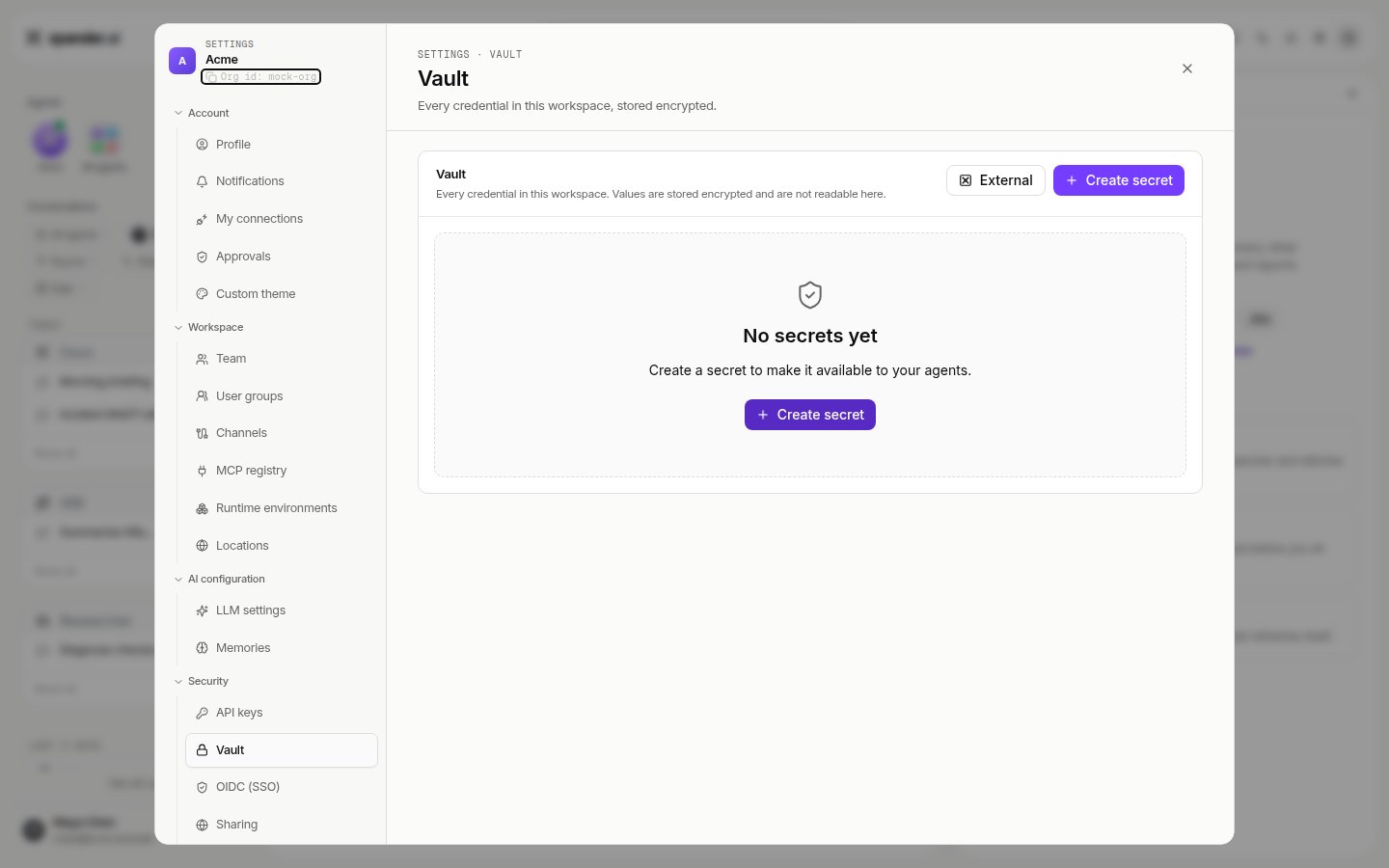 Vault settings tab, empty state with Create secret and external vault options