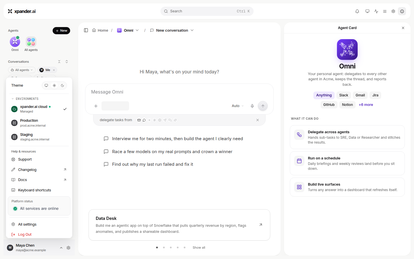 Environments section of the profile menu
