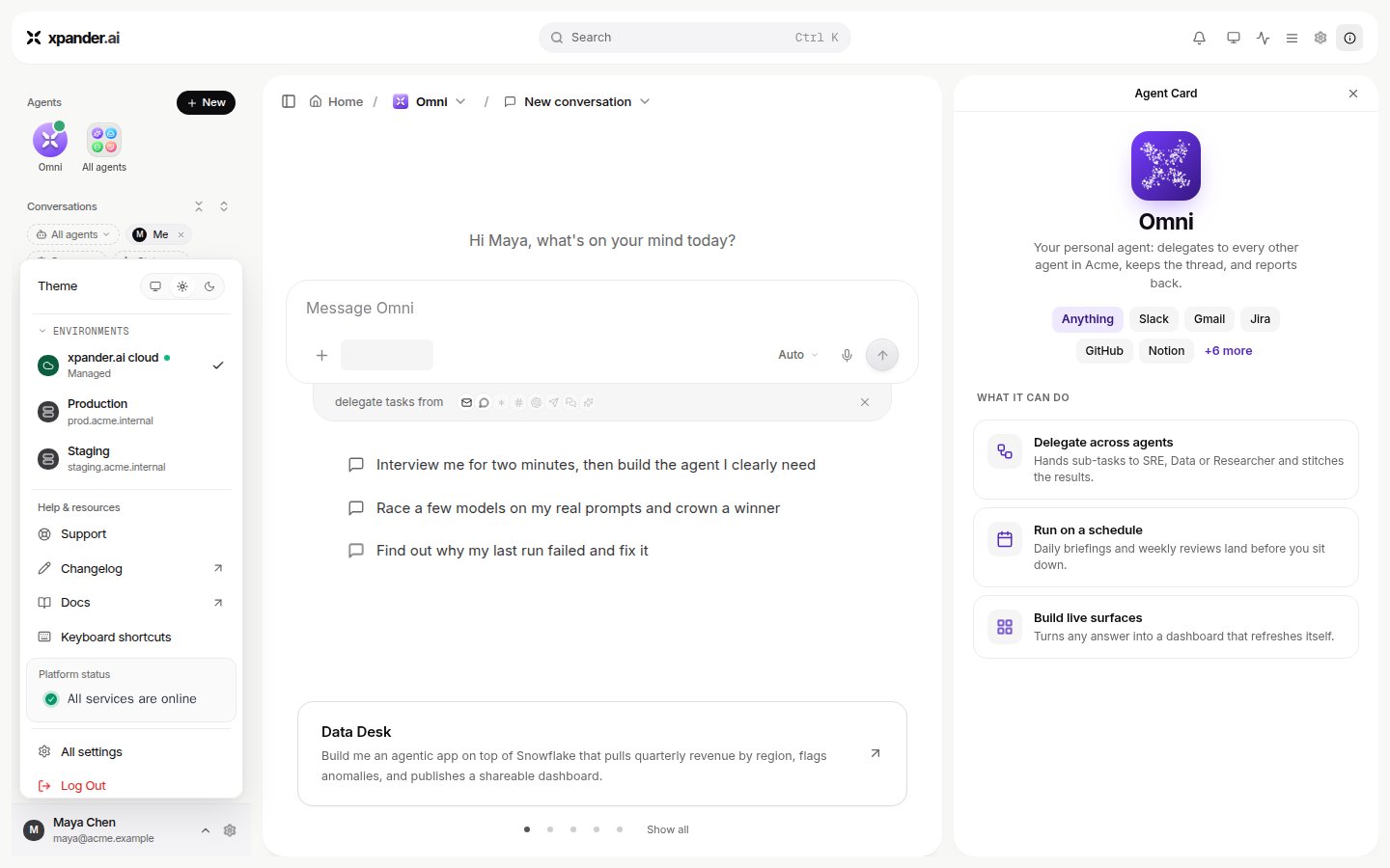 Environments section of the profile menu
