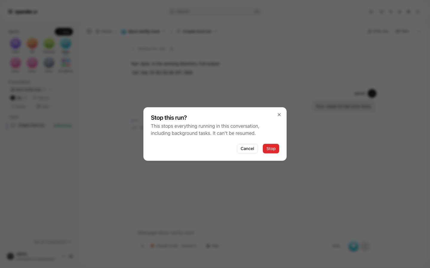 Stop this run confirmation dialog with Cancel and Stop buttons