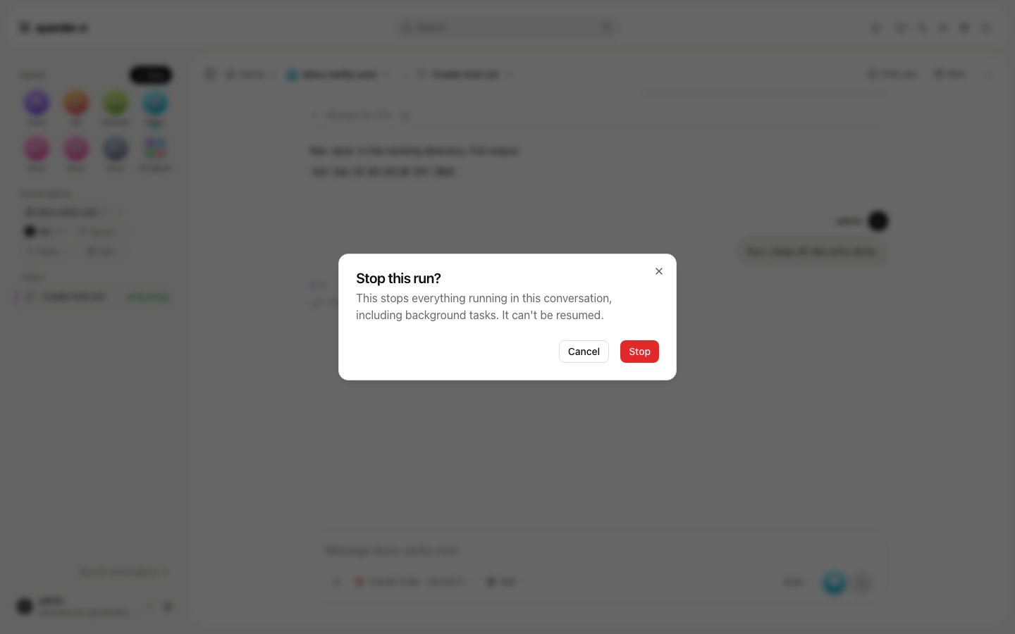 Stop this run confirmation dialog with Cancel and Stop buttons