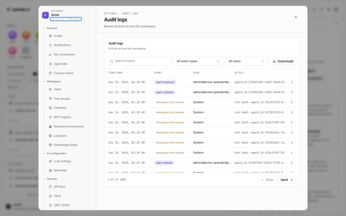 Audit logs tab with Search events, All event types, All users, Download, and a table of timestamped events