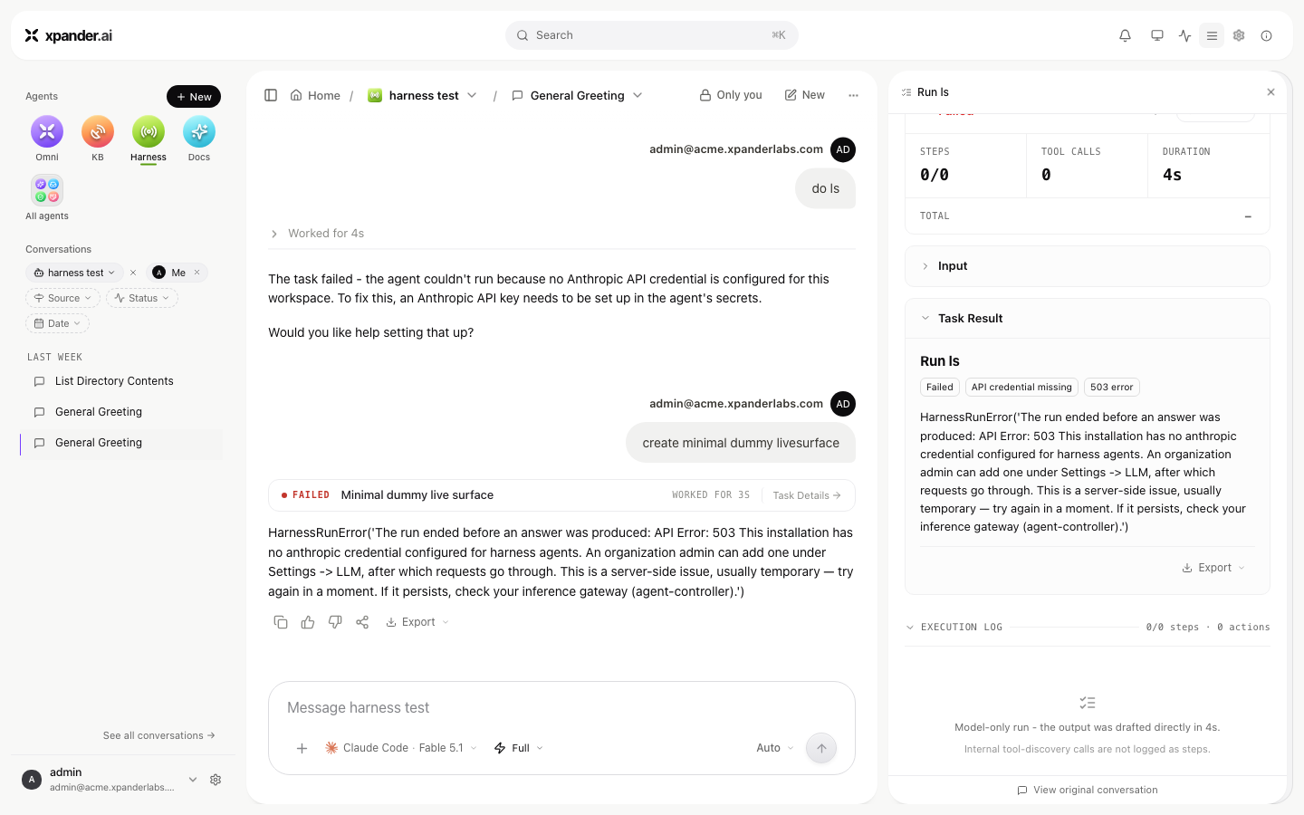 Conversation and Task Details panel for a failed task, showing a FAILED badge and the raw error text