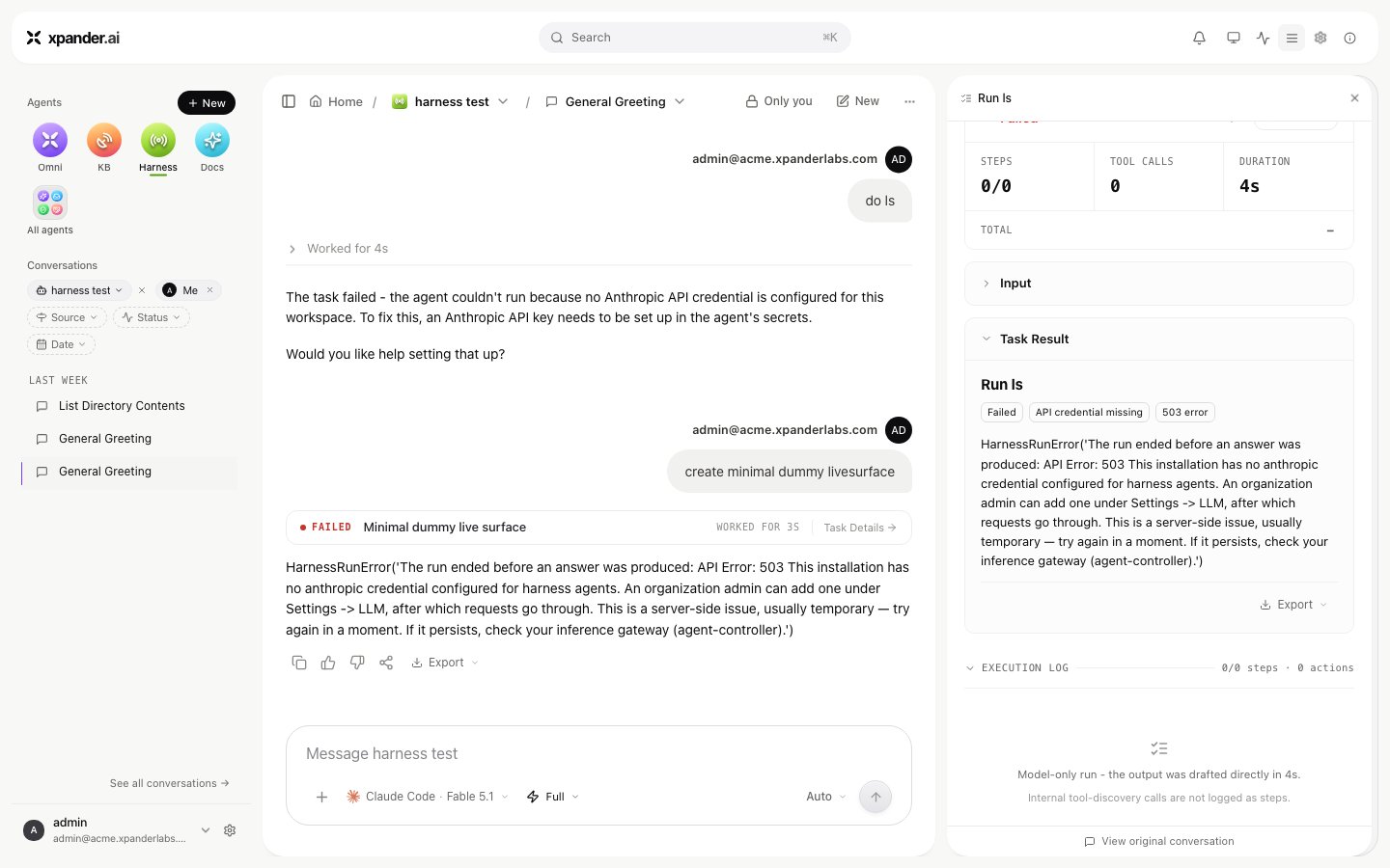 Conversation and Task Details panel for a failed task, showing a FAILED badge and the raw error text